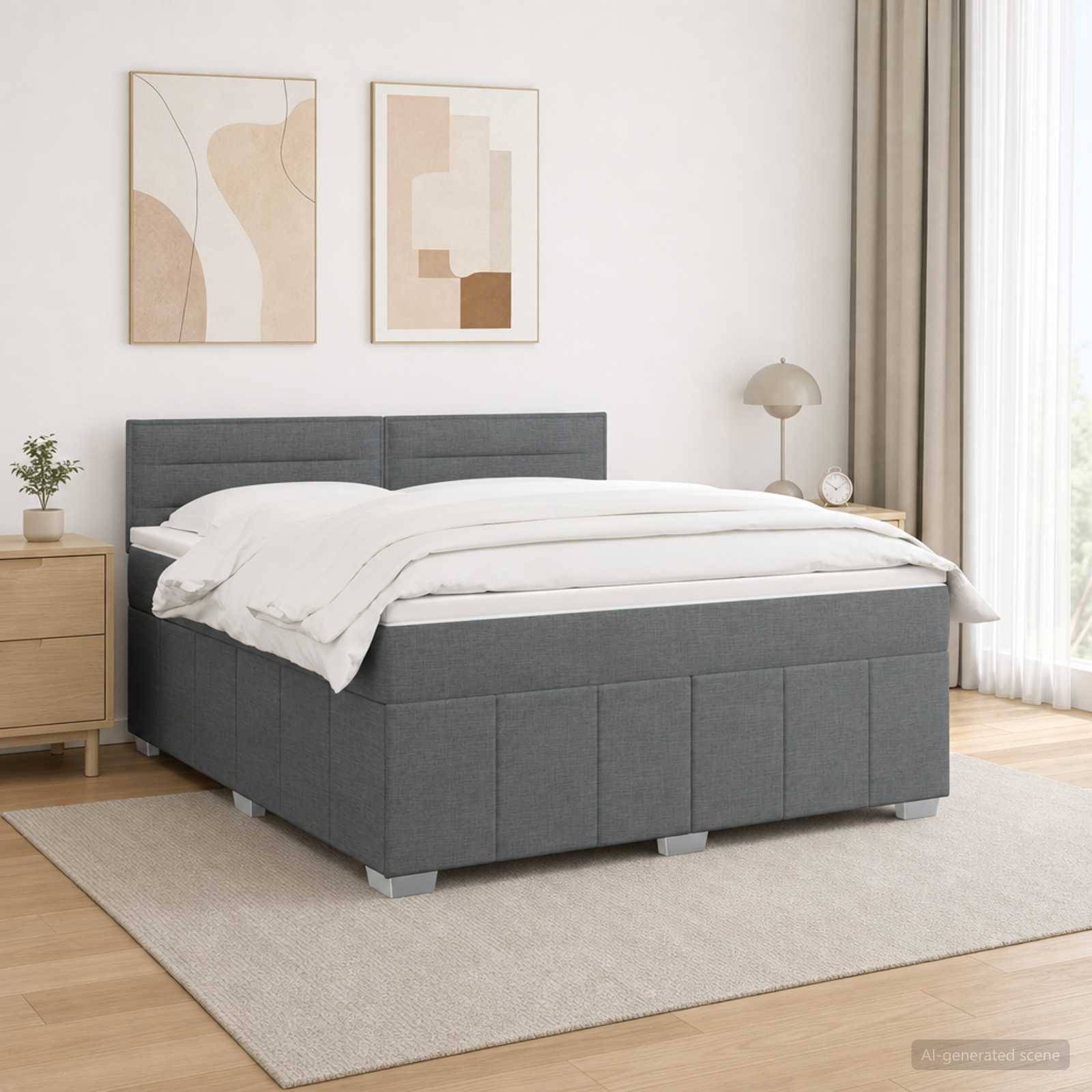 Modernes grau gepolstertes Bett mit weißer Bettwäsche in einem minimalistischen Schlafzimmer, gezeigt mit Nachttisch, Lampe, Kunstwerk und Teppich.