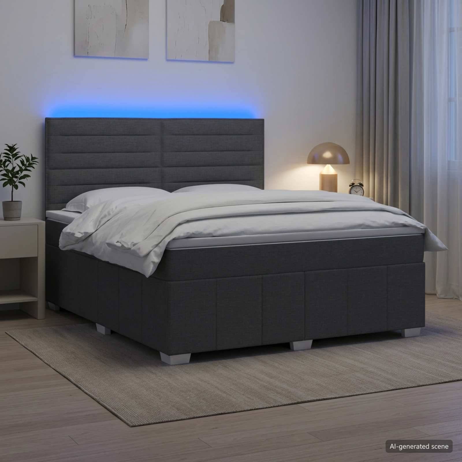 Modernes grau gepolstertes Bett mit weißer Bettwäsche und blauer LED-Kopfleuchtenbeleuchtung in einer minimalistischen Schlafzimmerszene.
