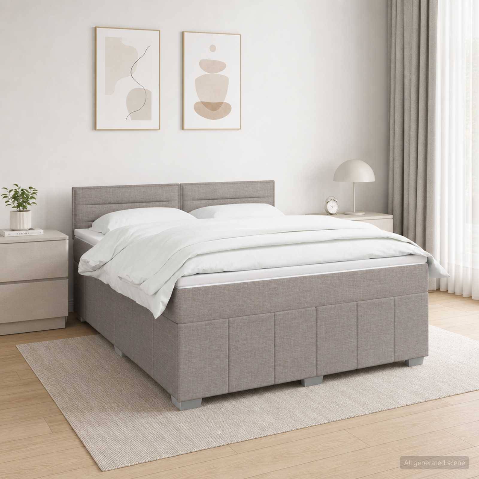 Ein minimalistisches Schlafzimmer mit einem grau gepolsterten Bett, weißer Bettwäsche, passenden Nachttischen, rahmengerahmter Wandkunst und weichem natürlichem Licht.