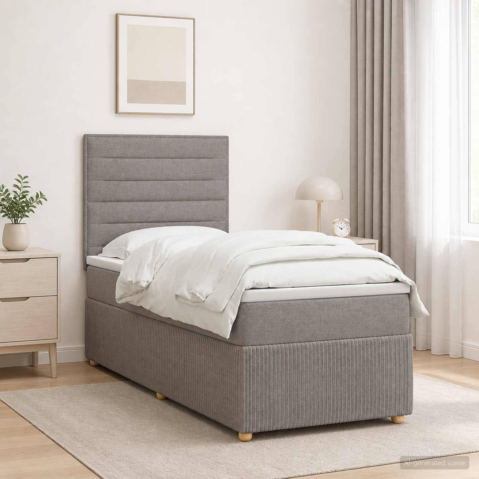 Ein ordentlich gemachtes grau gepolstertes Einzelbett in einem hellen minimalistischen Schlafzimmer, mit Nachttisch, Lampe, Pflanze, Vorhang und Wandkunst im Rahmen.