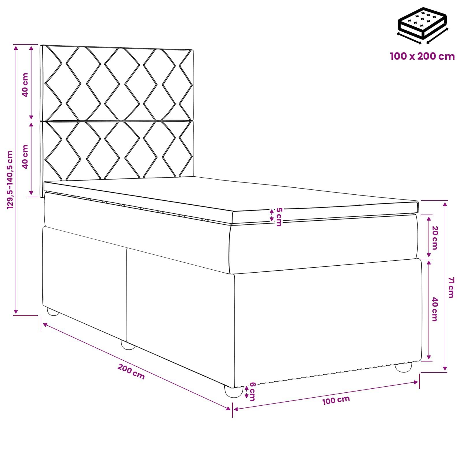 Diagramm eines gesteppten Einzelbettes mit Hubspeicher, mit folgenden Abmessungen: 200 cm lang, 100 cm breit, 129,5–140,5 cm hoch, 40 cm Sockel, 20 cm Matratzendicke, 6 cm Füße.