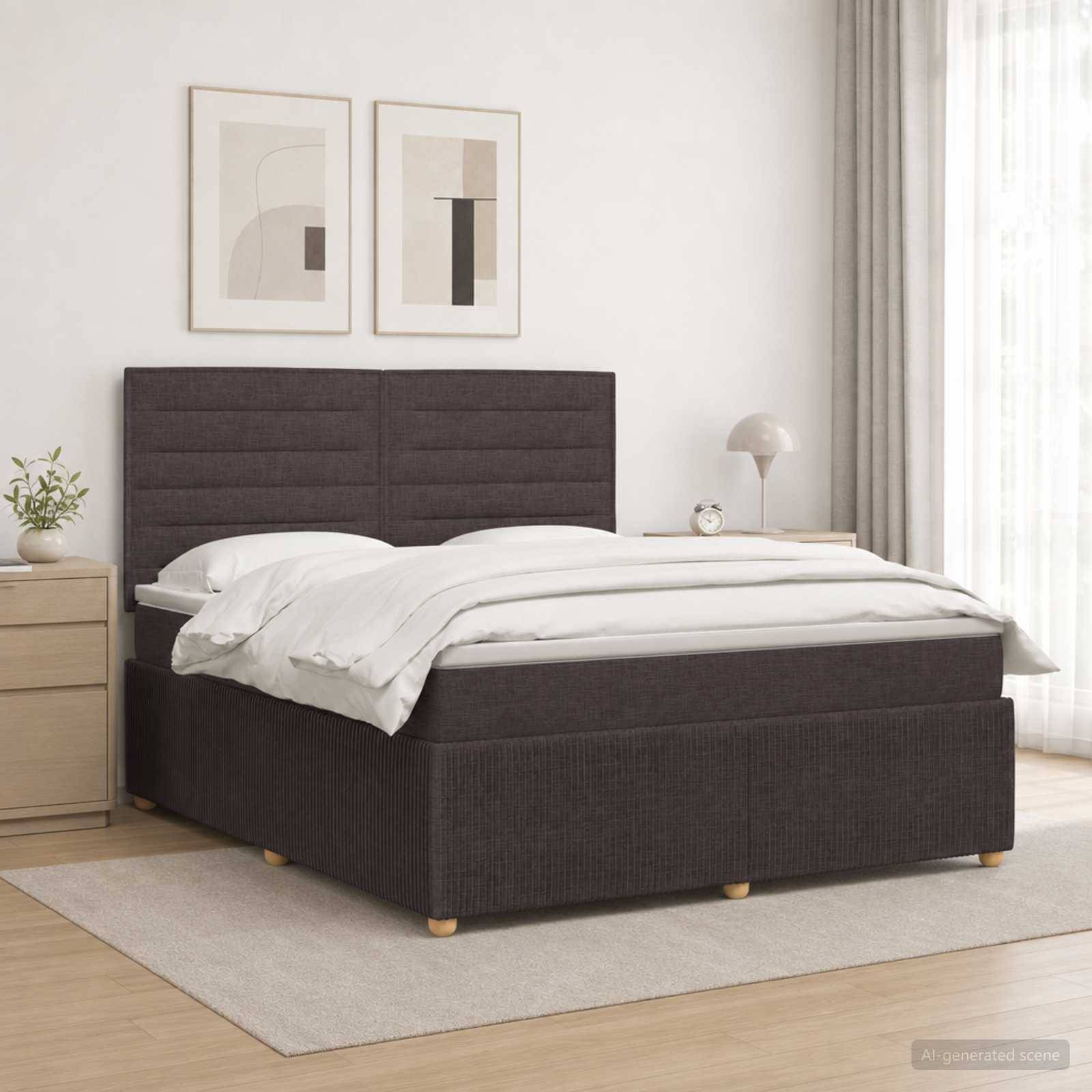 Modernes Schlafzimmer mit dunkel gepolstertem Bett, weißer Bettwäsche, Nachttisch, Lampe und minimalistischer Wandkunst neben einem hellen Fenster.