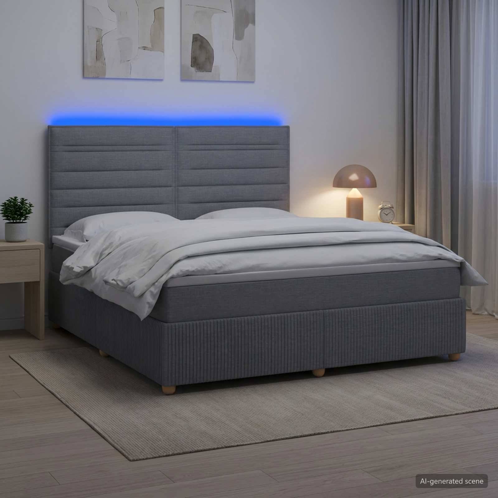 Modernes grau gepolstertes Bett mit weißer Bettwäsche und blauem LED-Kopfteilglanz in einem minimalistischen Schlafzimmer, neben einer Lampe und kleinem Tisch.