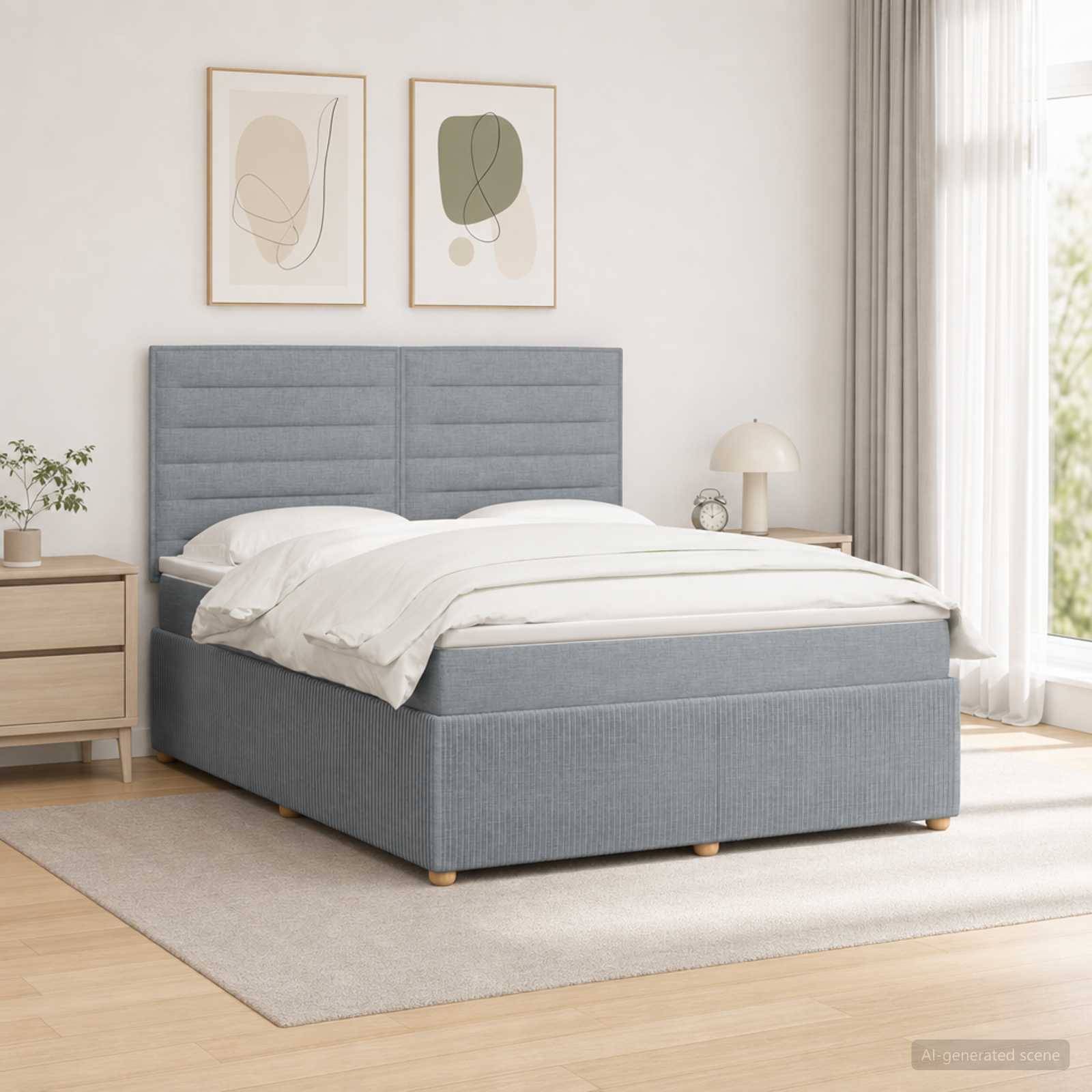 Modernes Schlafzimmer mit einem grau gepolsterten Bett, weißer Bettwäsche, Nachttisch, Lampe, gerahmten Wandbildern und natürlichem Licht von einem Fenster.