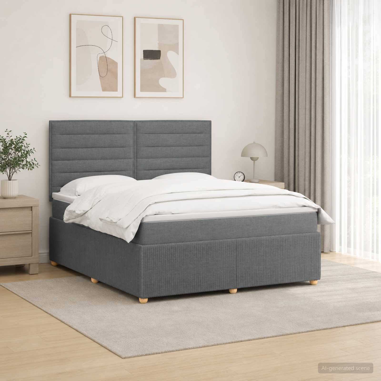 Modernes grau gepolstertes Bett mit weißer Bettwäsche in einem hellen minimalistischen Schlafzimmer, flankiert von einem Nachttisch, einer Lampe, einer Pflanze und abstrakter Wandkunst.