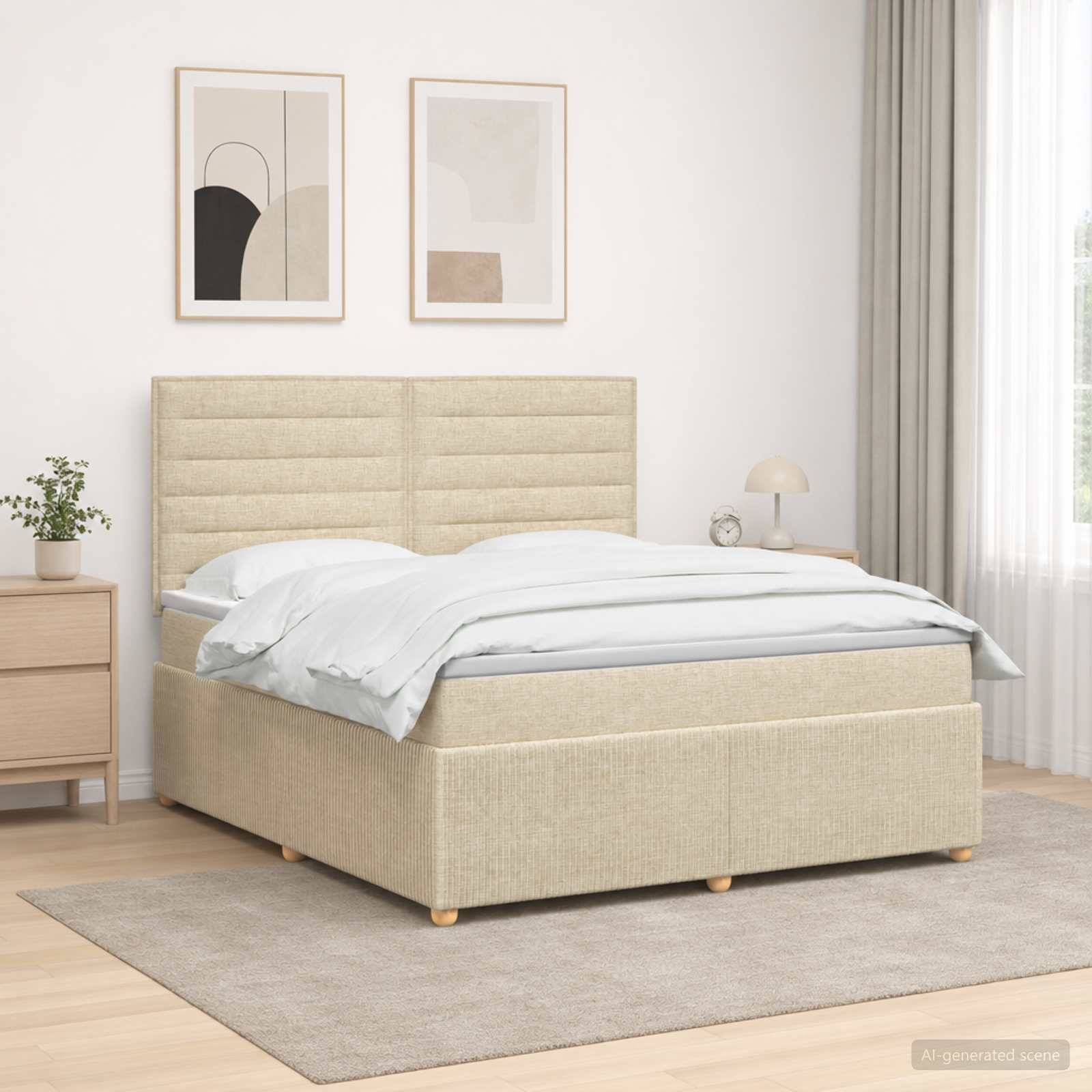 Beige gepolstertes Bett mit gepolstertem Kopfteil, weiße Bettwäsche, Nachttisch, Wandkunst und leichte Vorhänge in einem hellen minimalistischen Schlafzimmer.