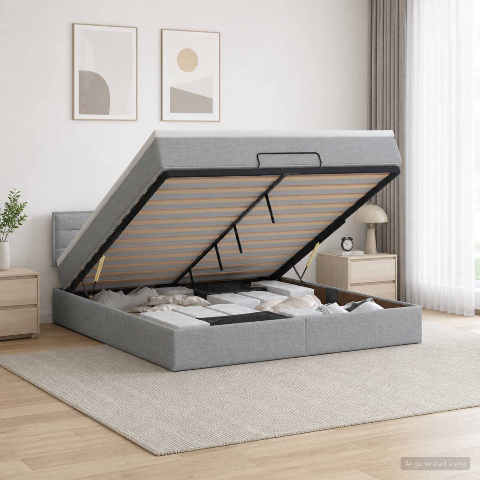 Grises gepolstertes Plattformbett mit geöffnetem Hubspeichersockel, der Unter-Bett-Lagerfächer in einem hellen modernen Schlafzimmer zeigt.