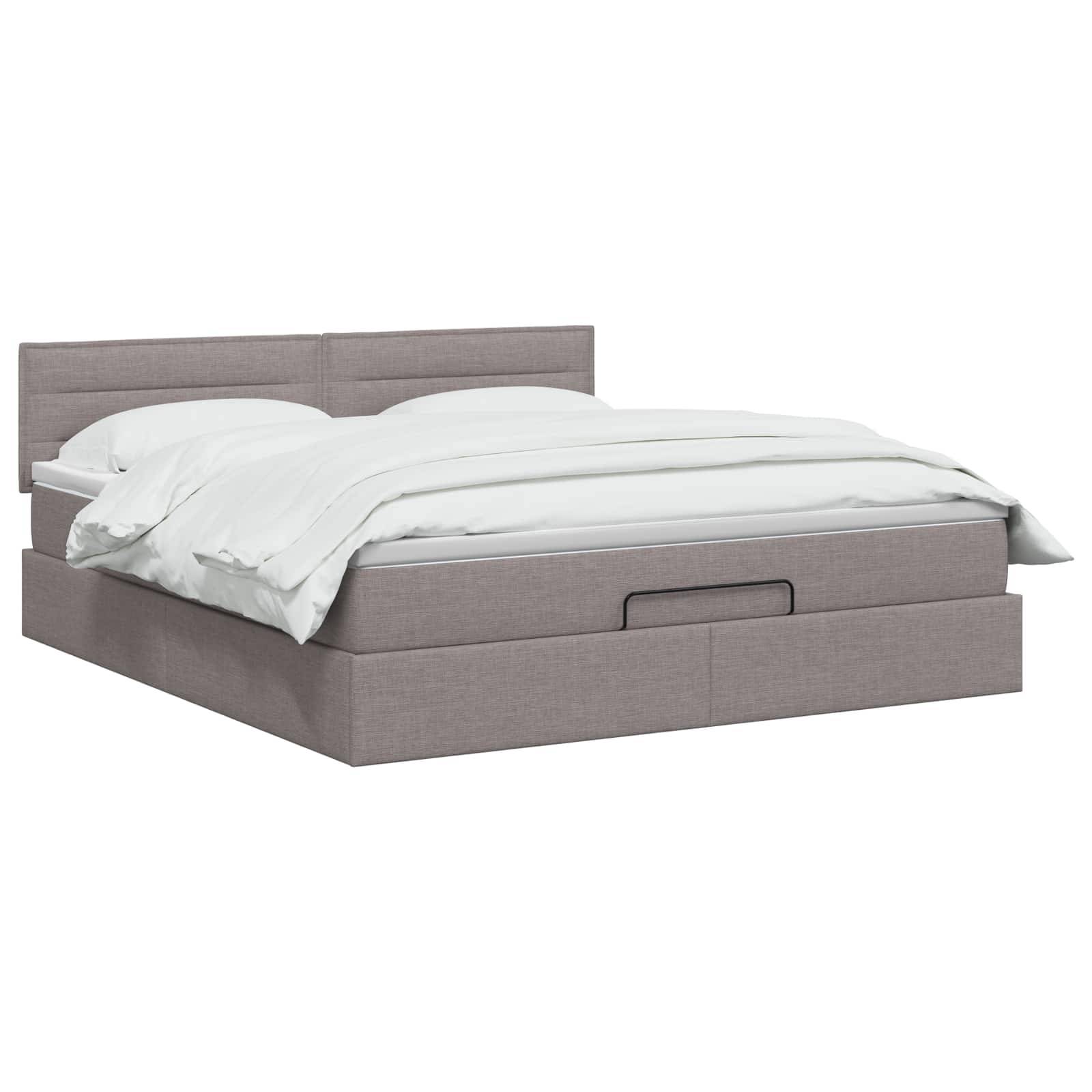 Gepolstertes Queensize-Bett mit grauem Kopfteil, weißer Bettwäsche und einer vorderen Schublade mit Stauraum.