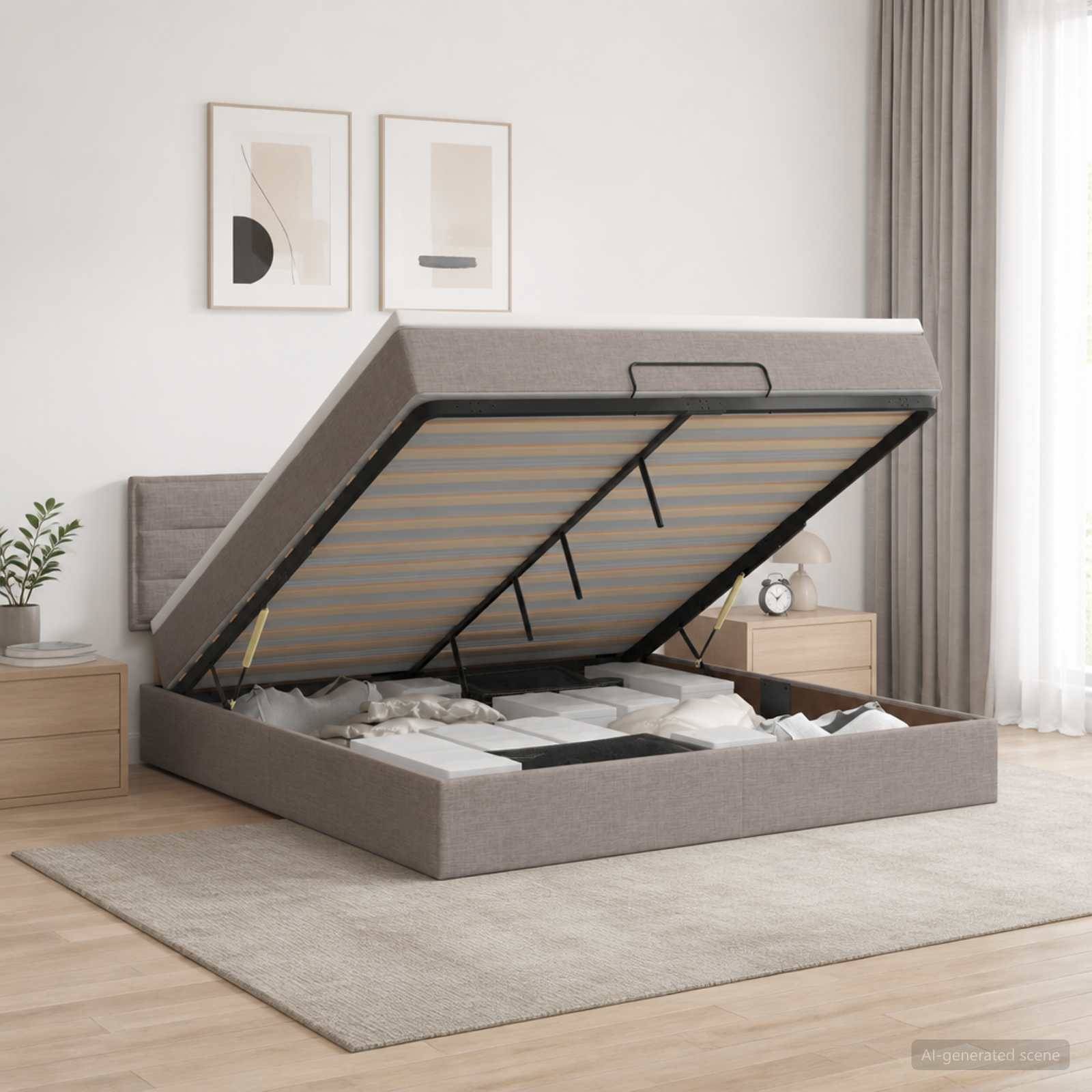 Gepolstertes Bett mit Hubmechanismus und Stauraum in einem Schlafzimmer, mit angehobener Matratzenunterlage, die organisierte Unter-Bett-Fächer offenbart.