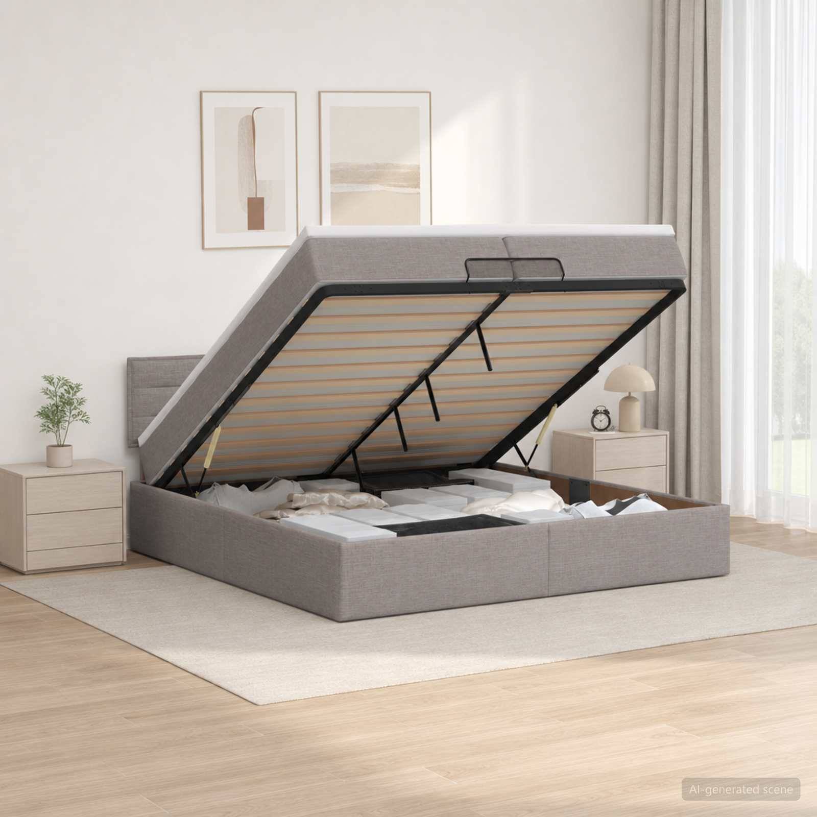 Grau gepolstertes Hochbett mit angehobener Matratzenunterlage, das den Stauraum unter dem Bett in einem hellen, minimalistischen Schlafzimmer zeigt.