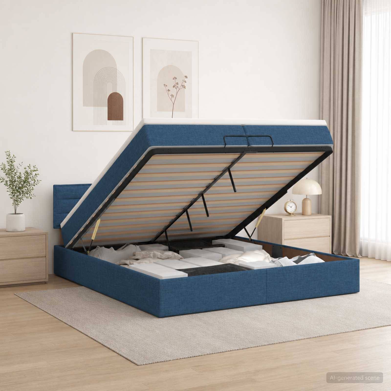 Blaugepolstertes Klappbett mit geöffneten Matratzenabteilen, das den Stauraum unter dem Bett in einem hellen, modernen Schlafzimmer zeigt.