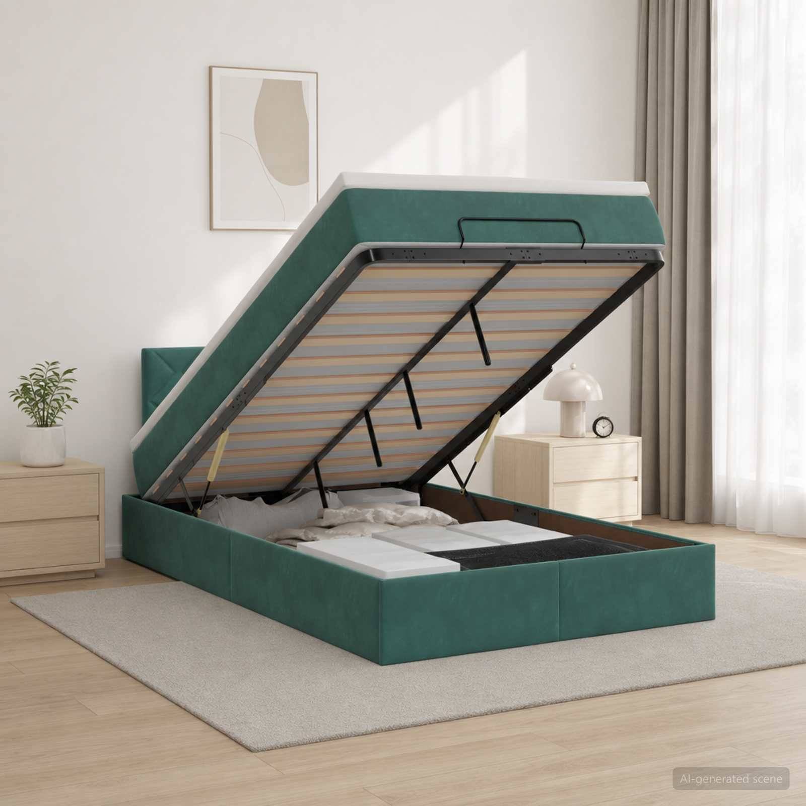 Grüner gepolsterter Speicherbettrahmen mit aufgeklappter Matratzenunterlage, die den Stauraum in einem modernen Schlafzimmer zeigt.