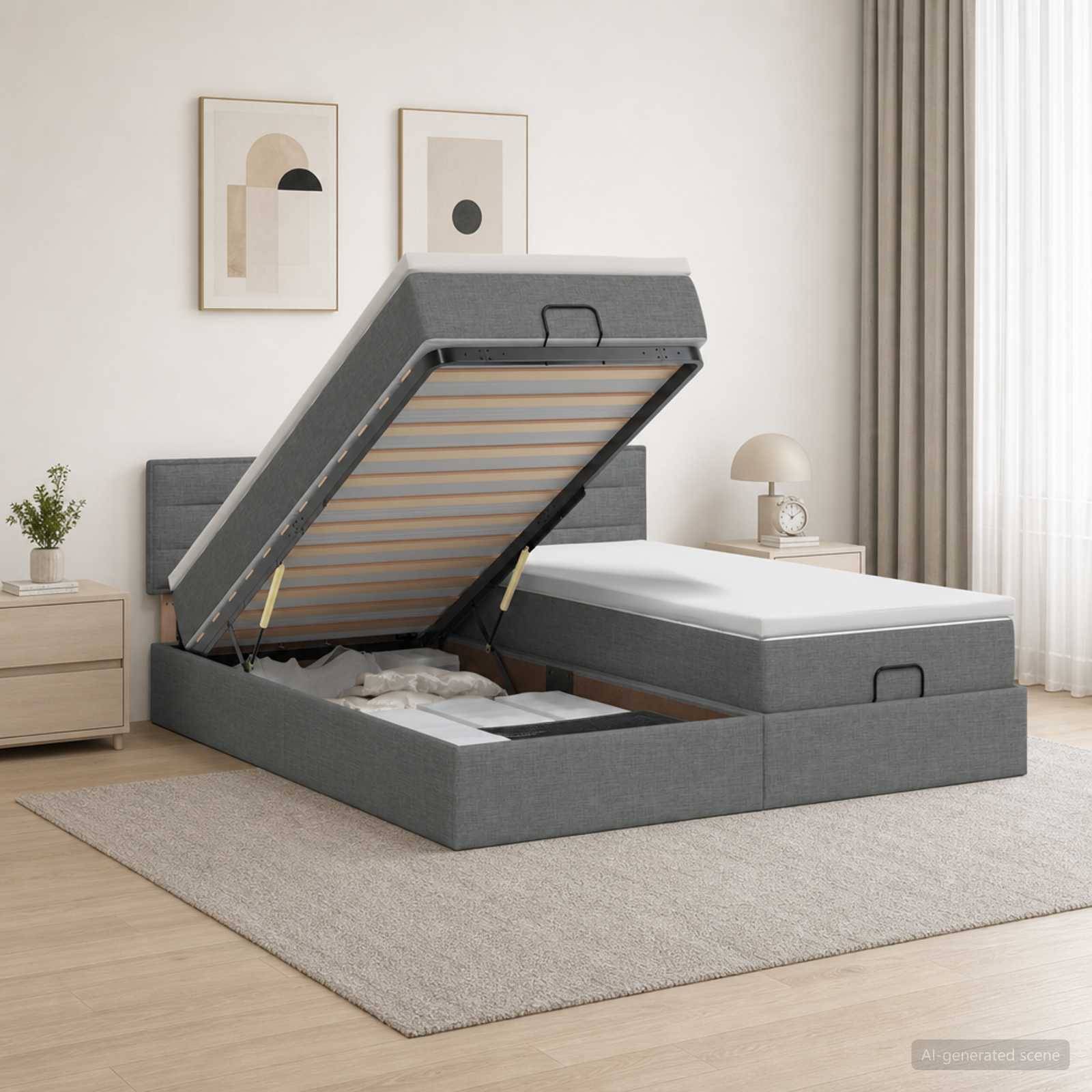 Grau gepolstertes Boxspringbett mit Liftsystem in einem minimalistischen Schlafzimmer, mit der angehobenen Matratzenunterlage, um den Stauraum unter dem Bett zu zeigen.