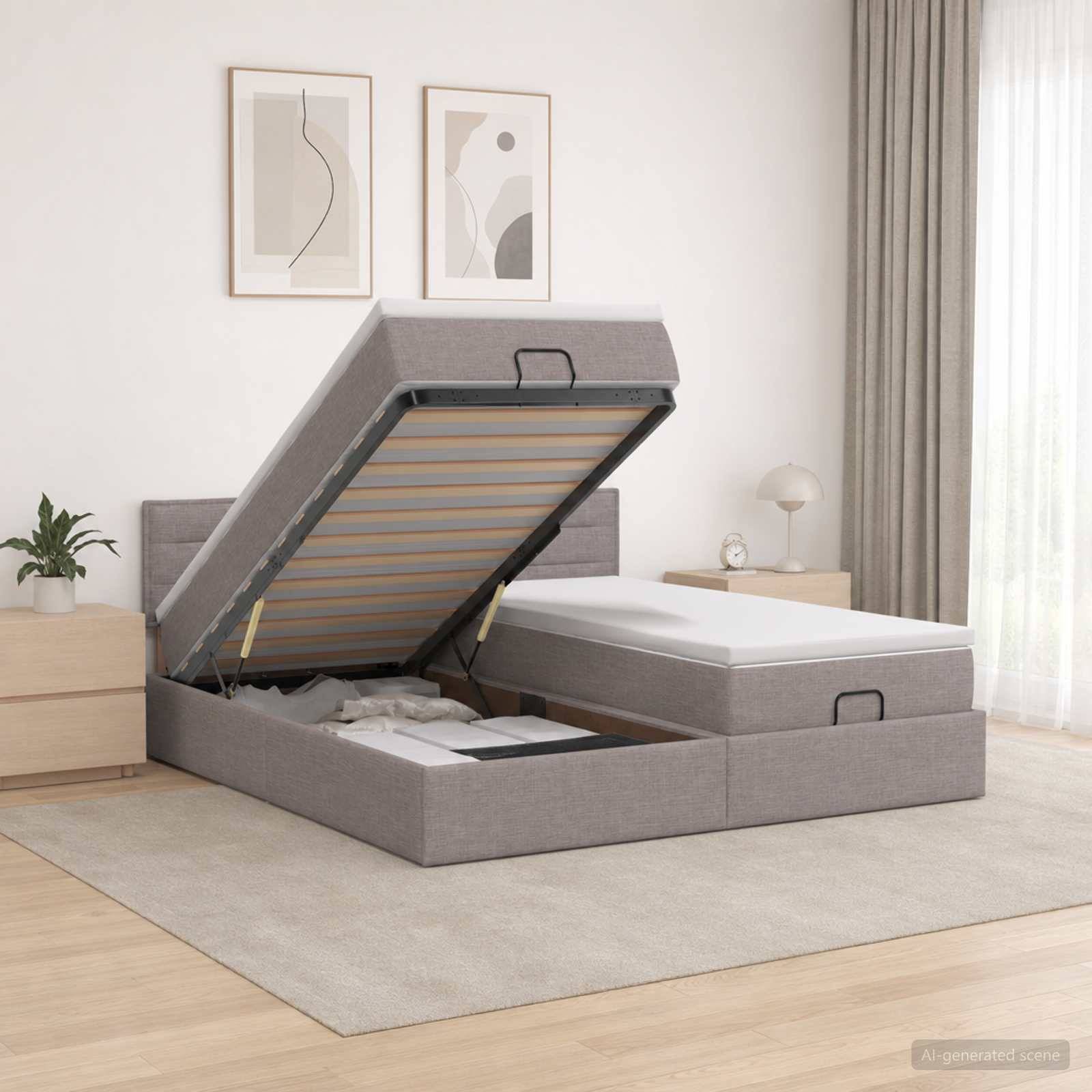 Grau gepolstertes Speicherbett mit angehobener Matratze, um ein verstecktes Fach in der Basis in einem minimalistischen Schlafzimmer zu zeigen.