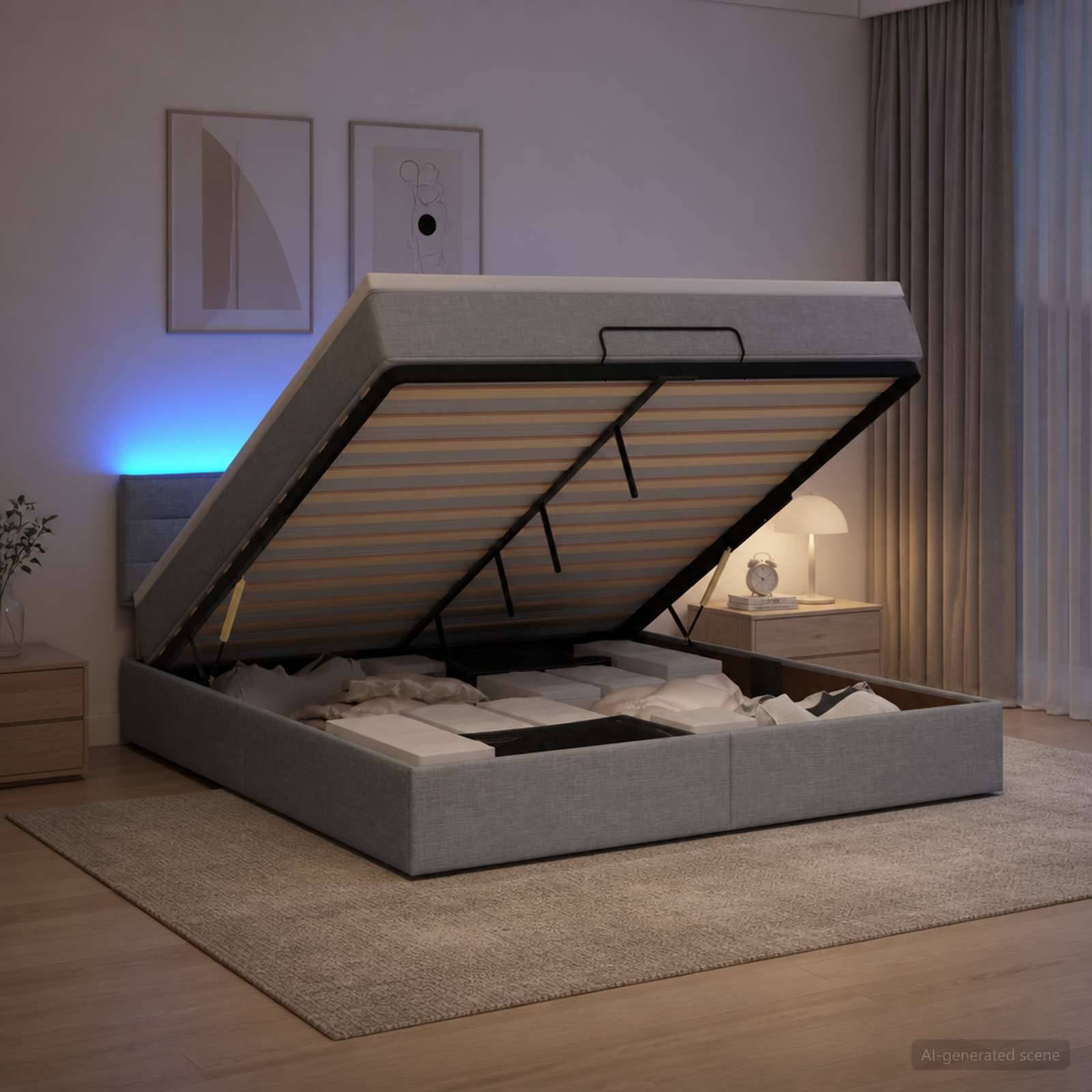 Grau gepolstertes Speicherbett mit offener Matratze, das das Unter-Bett-Speicherfach in einem modernen Schlafzimmer zeigt.