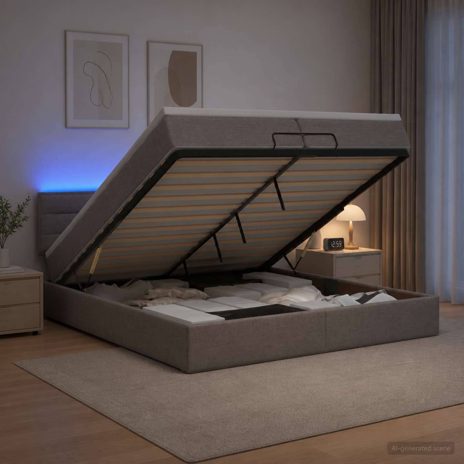 Aufklappbare Polsterbettablage, offen zum Enthüllen des Stauraums in einem modernen Schlafzimmer, mit Bettwäsche im Inneren.