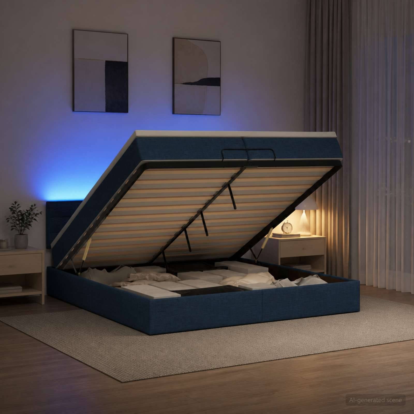 Blau gepolstertes Bett mit Hubmechanismus und angehobenem Oberteil, das unter dem Bett Stauraum offenbart, in einem modernen Schlafzimmer bei Nacht.