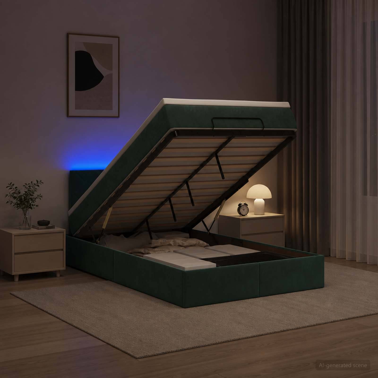 Modernes Schlafzimmer mit einem Speicherbett mit Hubmechanismus, das offen die Stauraumfläche unter dem Bett zeigt, flankiert von Nachttischen und beleuchtet durch eine Nachttischlampe und blaues Ambientelicht.
