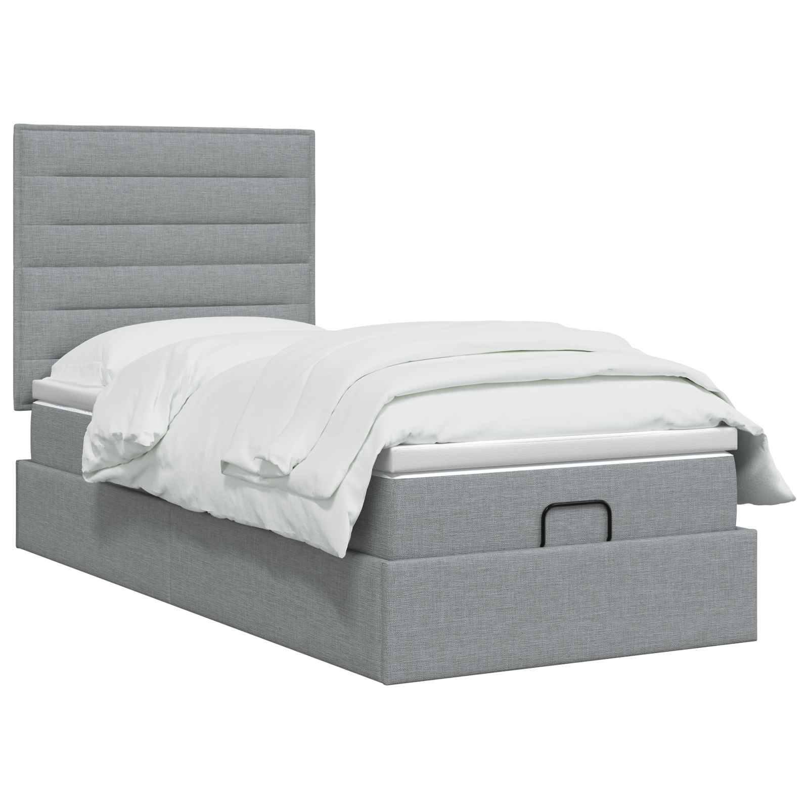 Grau gepolstertes Bett mit Kopfteil, weiße Bettwäsche und Schublade zum Verstauen am Fußende.