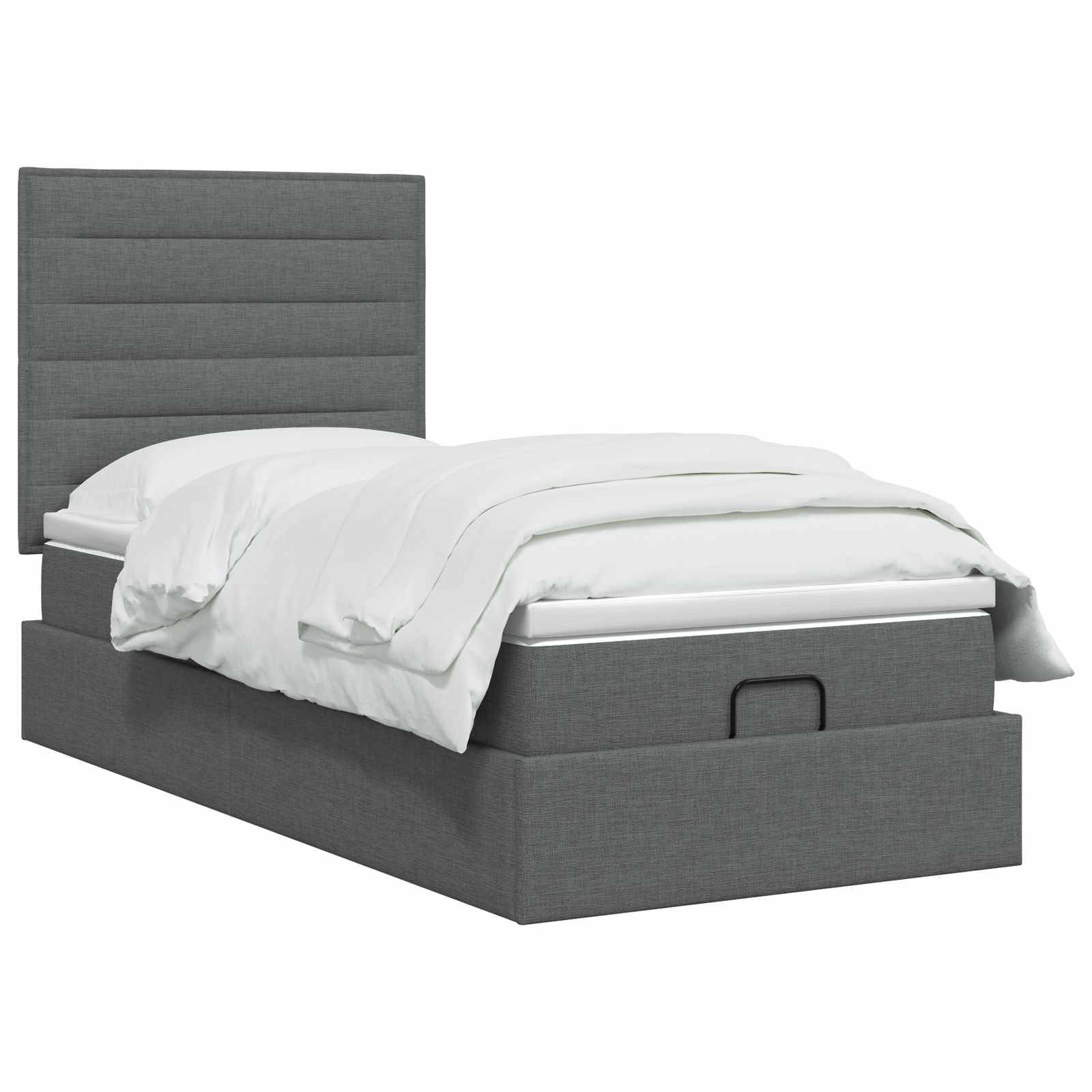 Graues gepolstertes Bett mit hohem gepolstertem Kopfteil, weißer Bettwäsche und Fußteil mit Stauraum-Schublade.