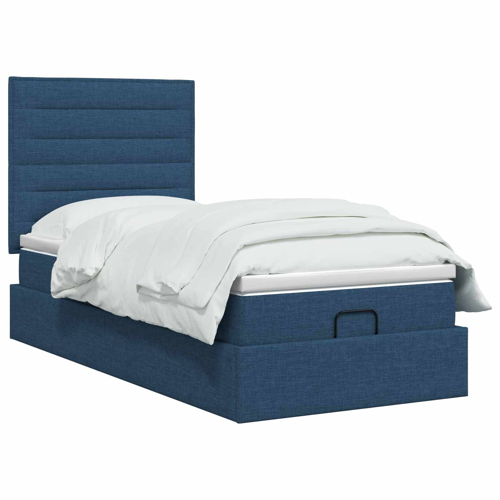 Blaugepolstertes Bett mit Speicherbasis und hohem gepolstertem Kopfteil, gezeigt mit weißer Bettwäsche auf weißem Hintergrund.