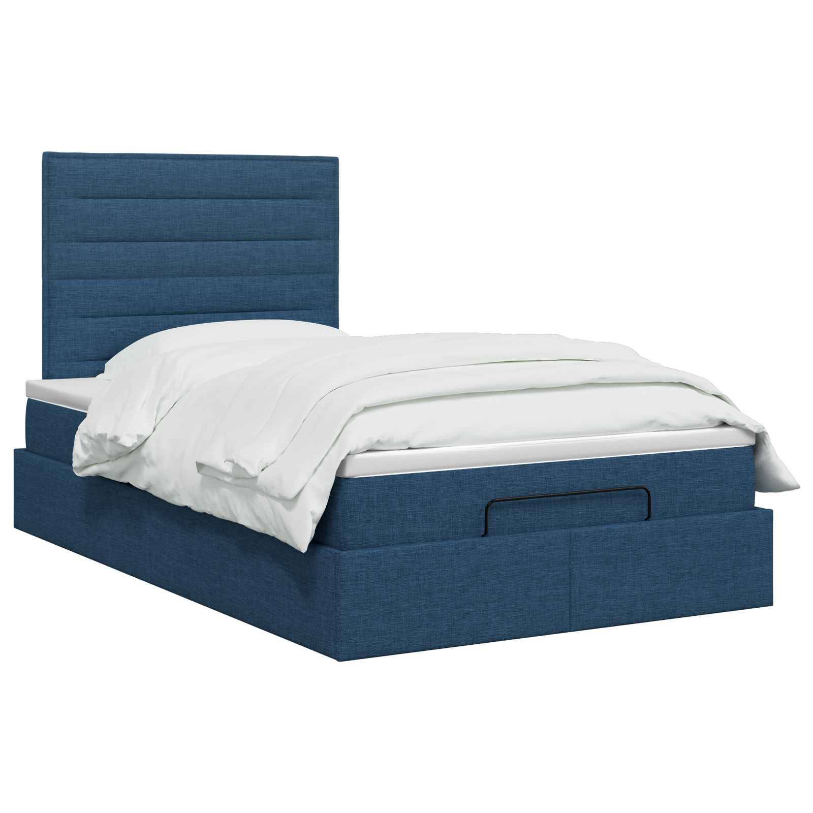Blaugepolstertes Bett mit hohem gepolstertem Kopfteil, weißer Bettwäsche und einer integrierten Schublade im Sockel auf weißem Hintergrund.
