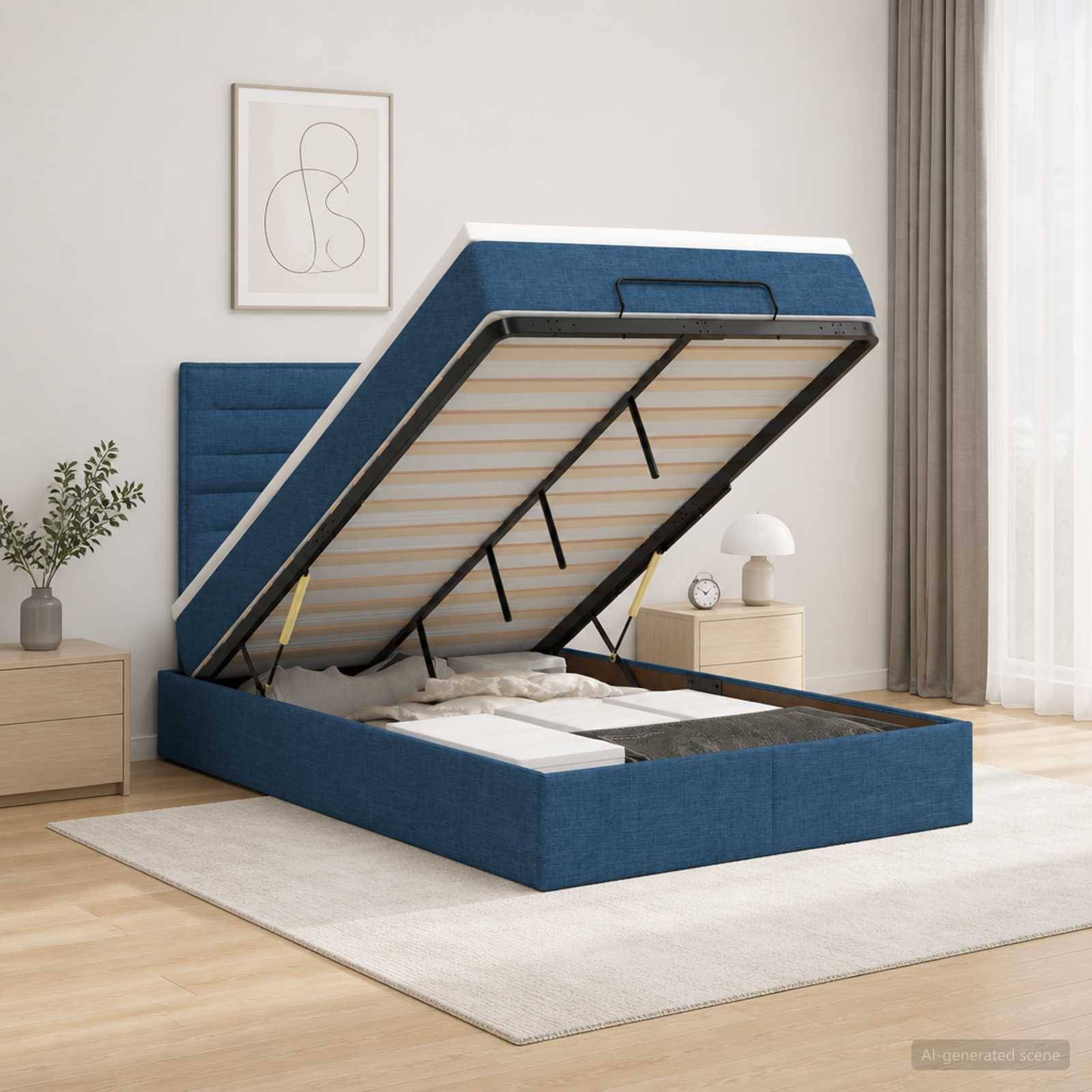 Blau gepolstertes Bett mit Hydrauliklifter und hochgeklappter Matratzenunterlage, das Stauraum unter dem Bett zeigt, in einem minimalistischen Schlafzimmer.