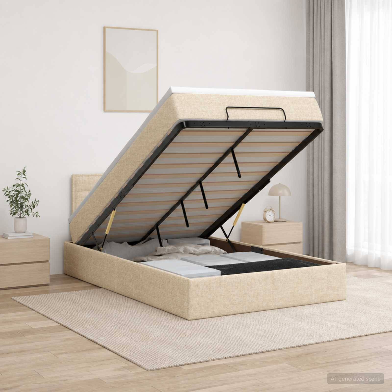 Beigefarbenes, gepolstertes Bett mit Stauraum und aufklappbarer Matratze auf einem Scharnier, das den Stauraum unter dem Bett in einem hellen, minimalistischen Schlafzimmer offenbart.