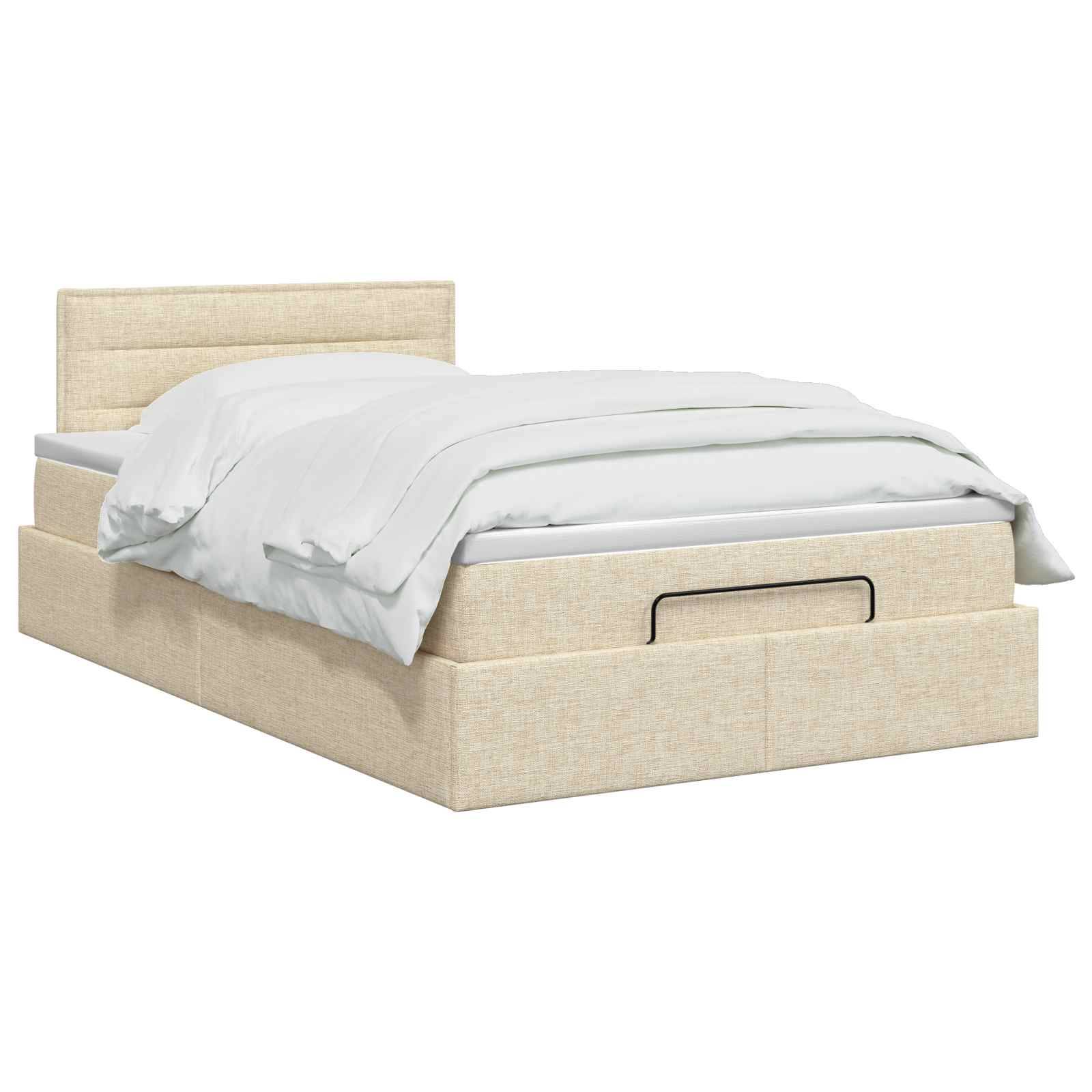Beige gepolstertes Speicherbett mit weißer Bettwäsche, auf einfachem weißem Hintergrund dargestellt.