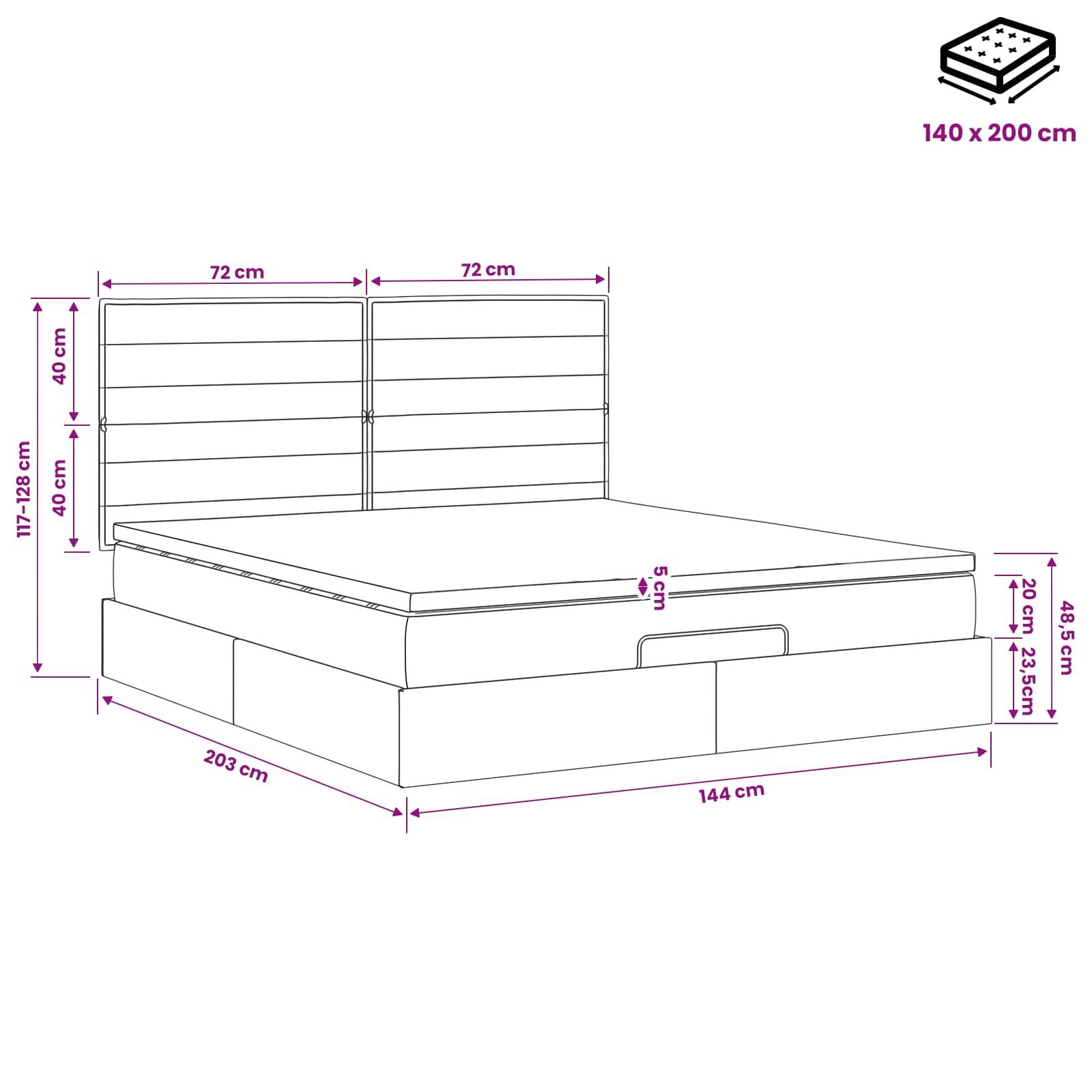 Maßstabgerechte Linienzeichnung eines 140 x 200 cm Bettes mit gepolstertem Kopfteil und Stauraumbasis, mit Gesamtabmessungen in Zentimetern dargestellt.