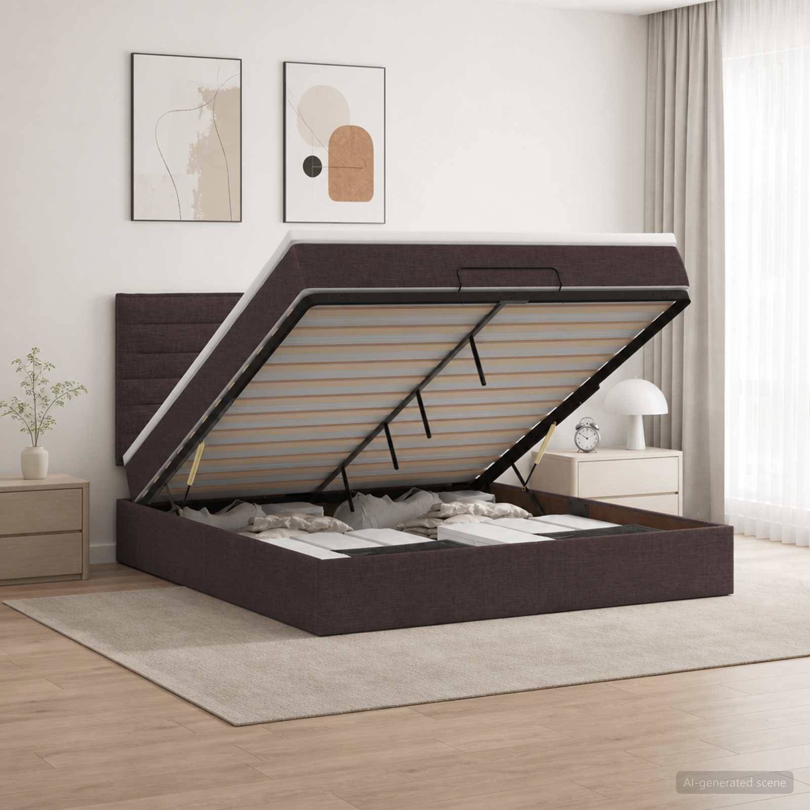 Braunes Polsterbett mit hochgeklappter Matratze, das Stauraum unter dem Bett in einem minimalistischen Schlafzimmer zeigt.