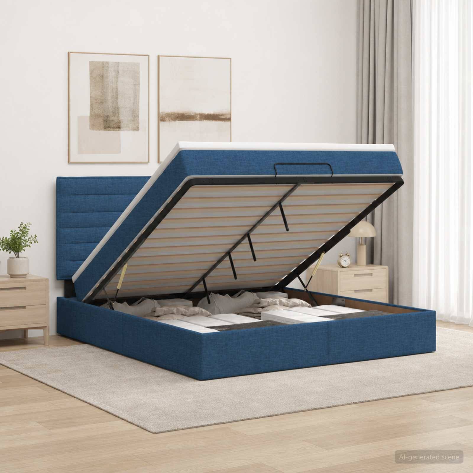 Blaues Polsterbett mit Stauraum in einem hellen Schlafzimmer, wobei die Matratzenunterlage hochgeklappt ist, um den Stauraum unter dem Bett freizulegen.