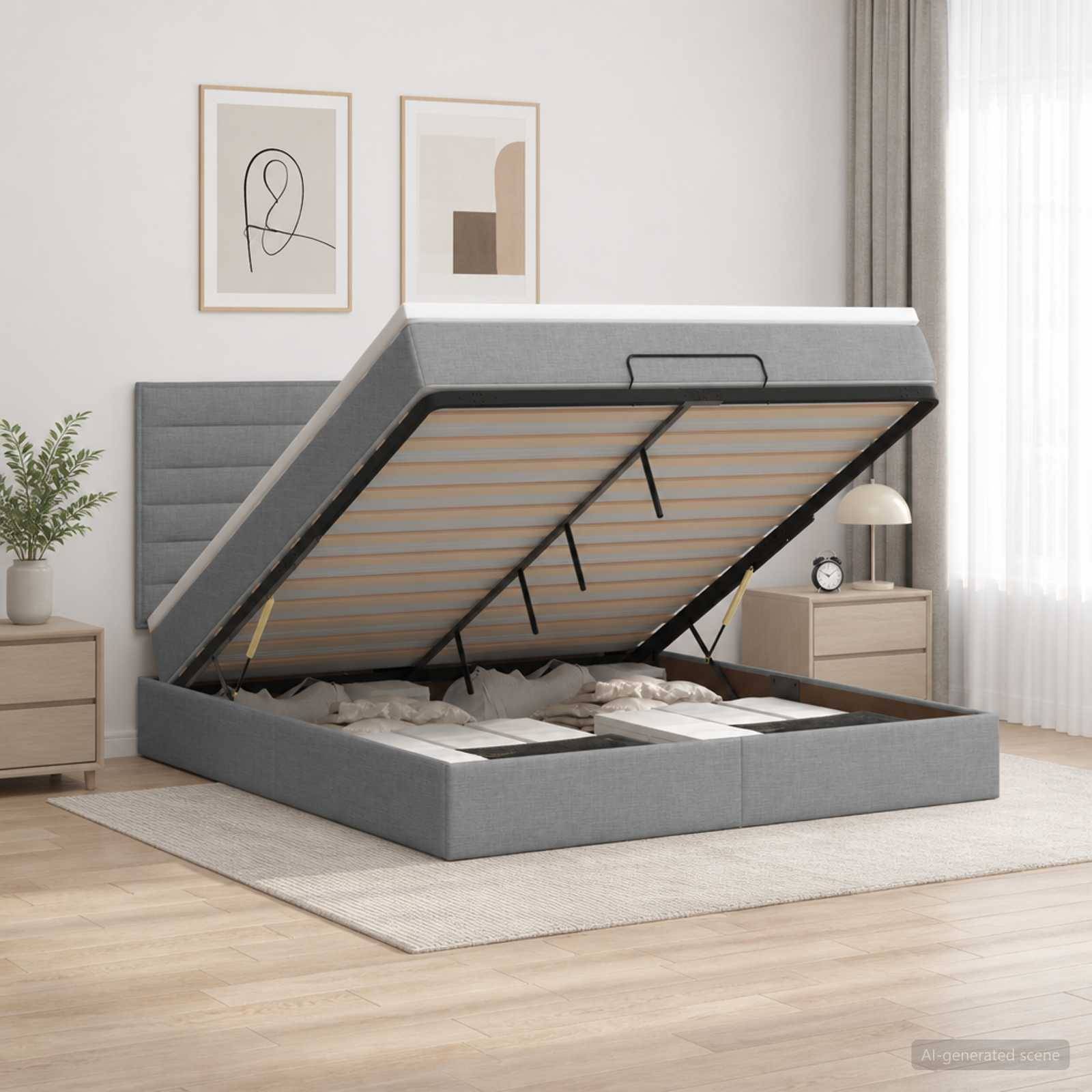 Grau gepolstertes Speicherbett mit angehobener Matratzenunterlage, das den Unter-Bett-Speicher in einem minimalistischen Schlafzimmer zeigt.