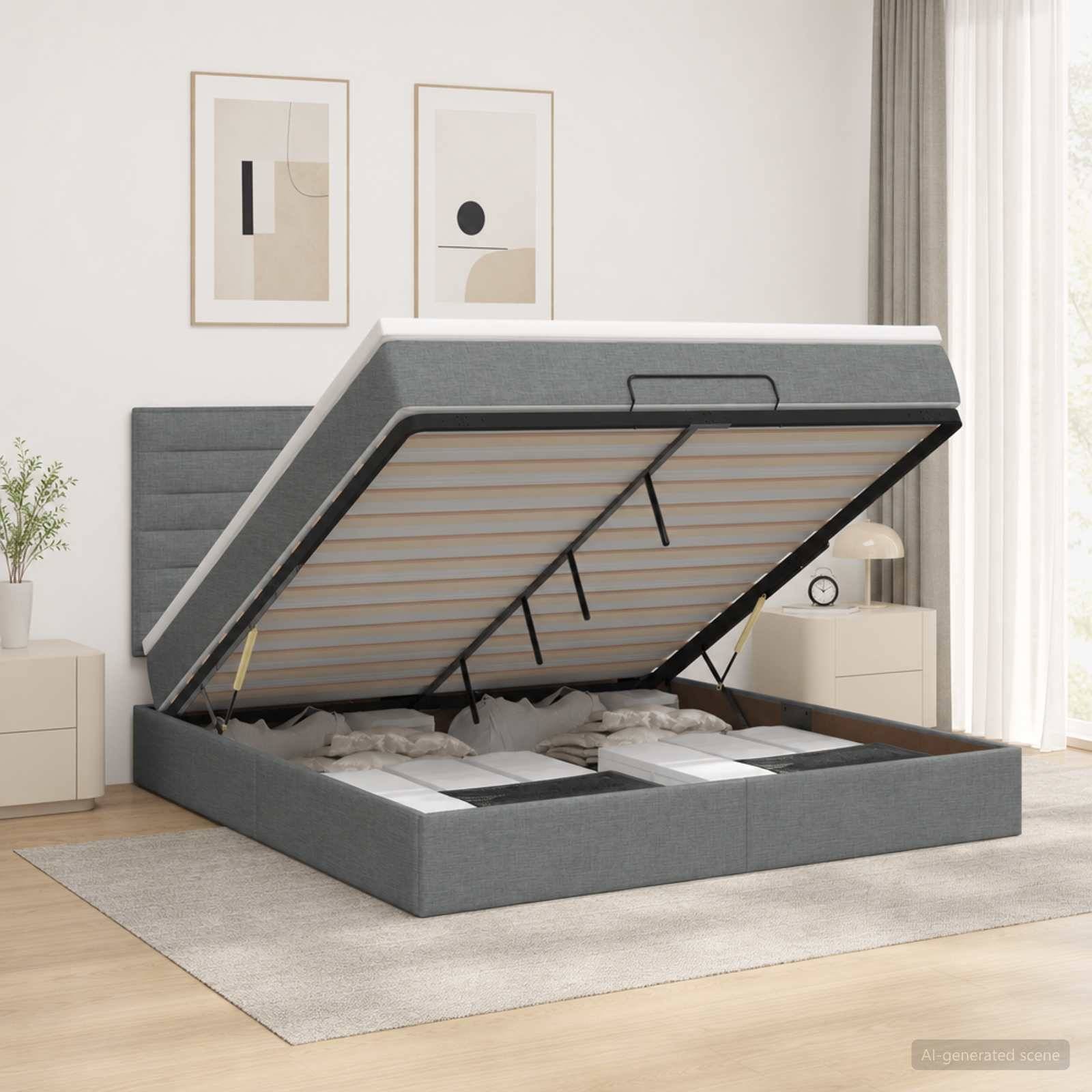 Grauer gepolsterter Bett mit Hubbasis und hochgehobenem Lattenrost, der den Stauraum unter dem Bett in einem hellen modernen Schlafzimmer zeigt.