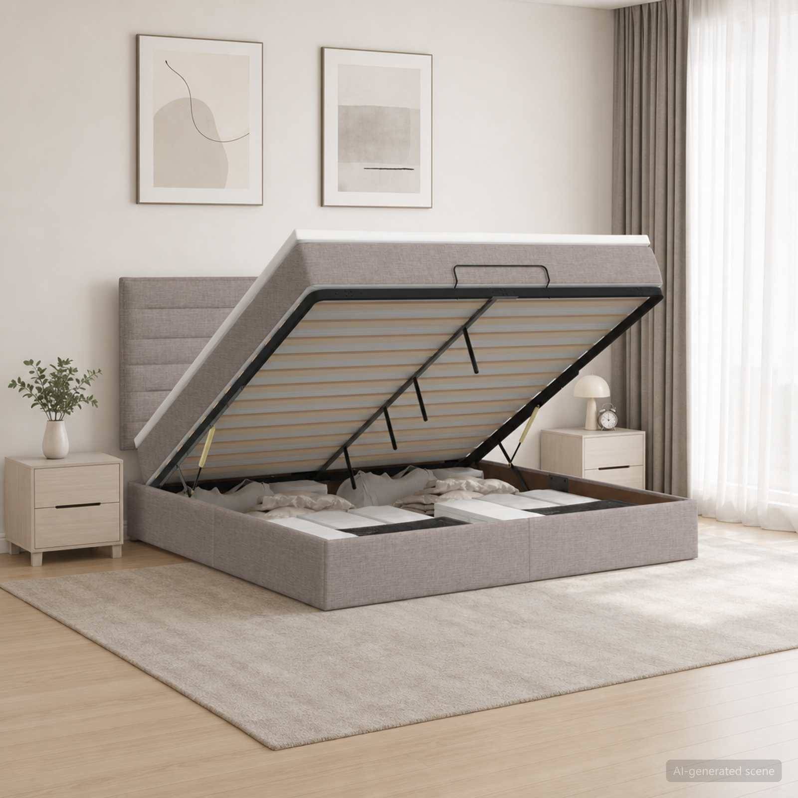 Modernes grau gepolstertes Speicherbett mit hochklappbarer Matratze, das Unter-Bett-Stauraum offenbart, in einem hellen Schlafzimmer mit Nachttischen und Wandkunst.