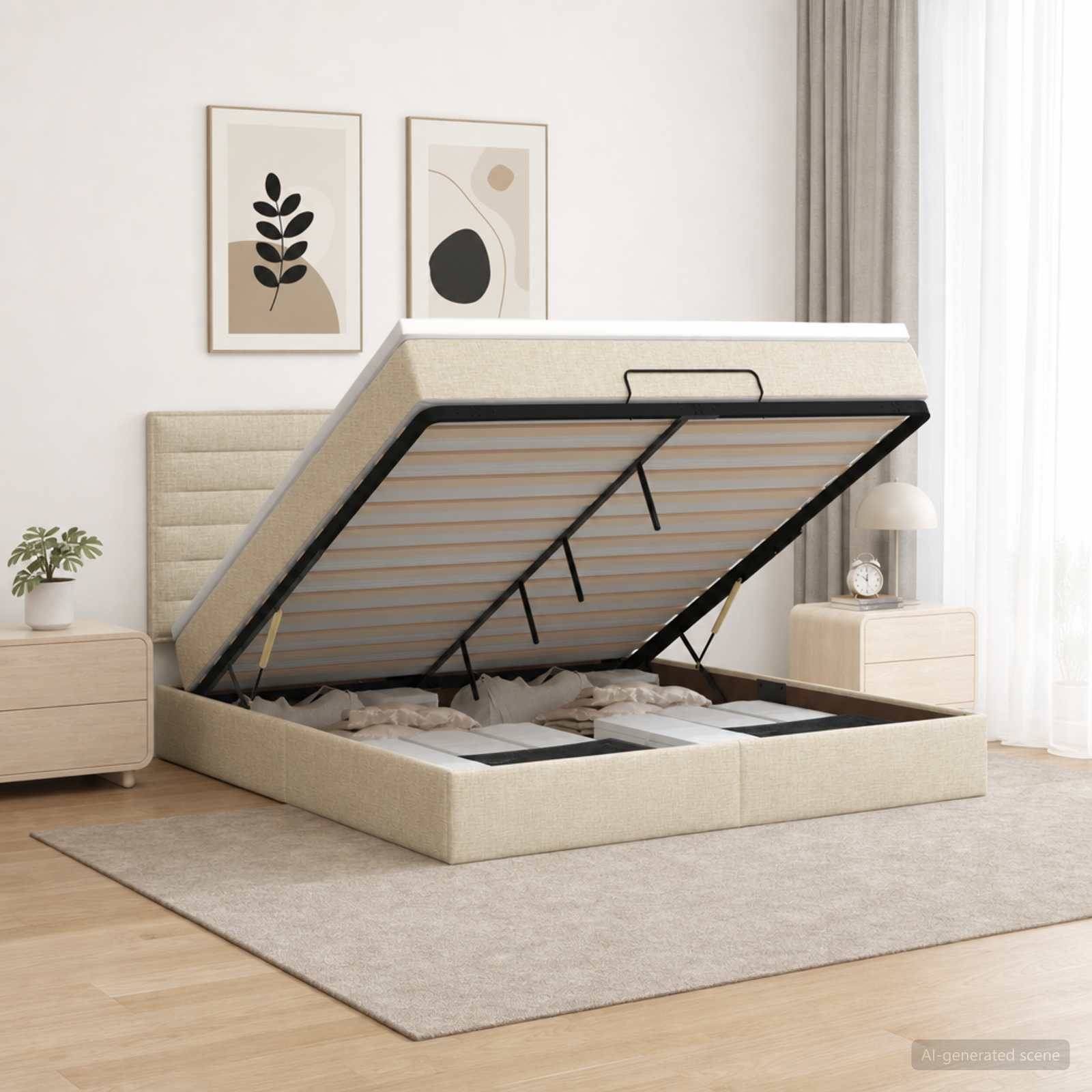 Beigefarbenes gepolstertes Bett mit Hebespeicherfunktion mit erhobener Matratzenunterlage, um den Stauraum unter dem Bett freizulegen, in einem hellen minimalistischen Schlafzimmer.