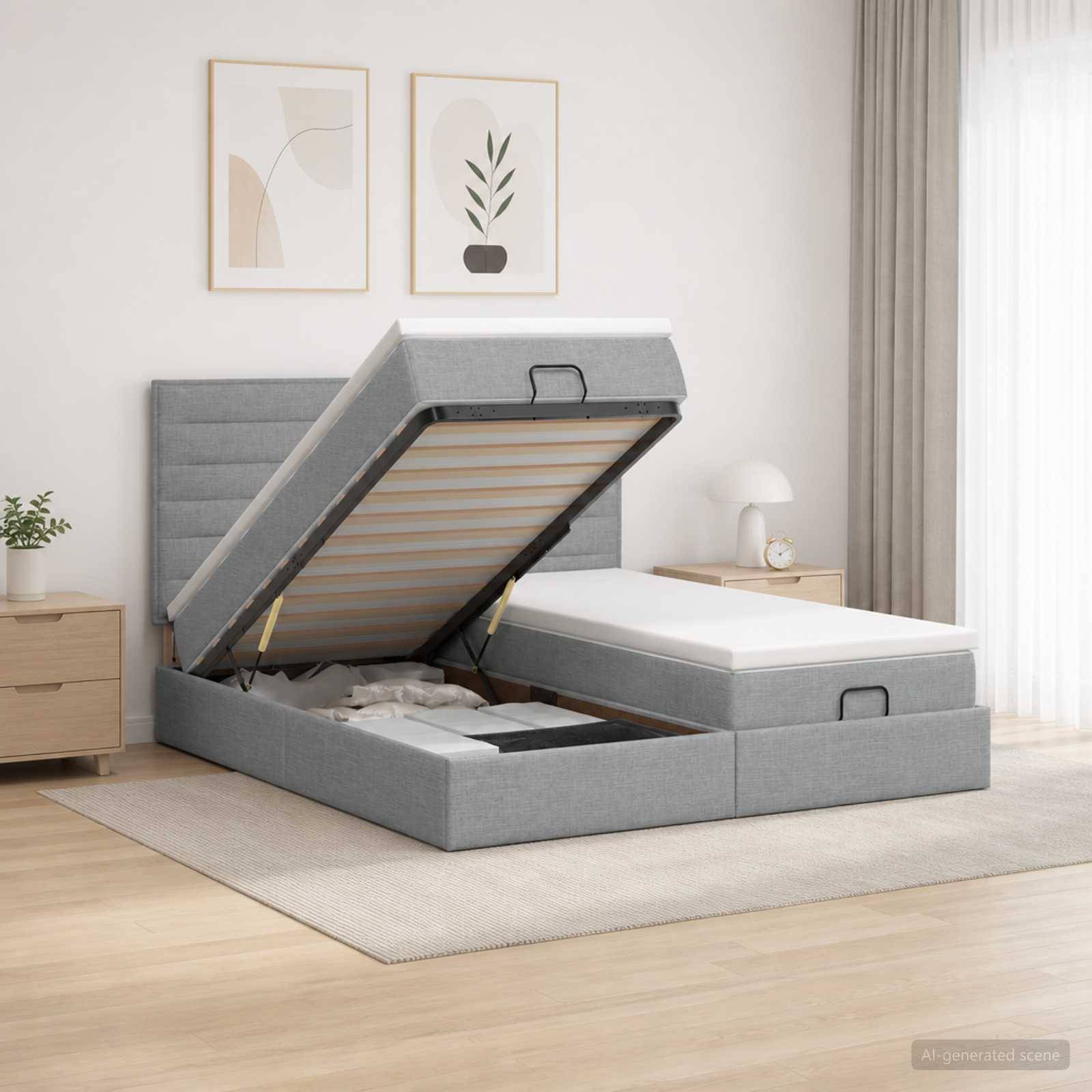 Grau gepolstertes Bett mit geöffneter Hubbasis-Speicherung, die das Unter-Bett-Fach in einem hellen minimalistischen Schlafzimmer zeigt.