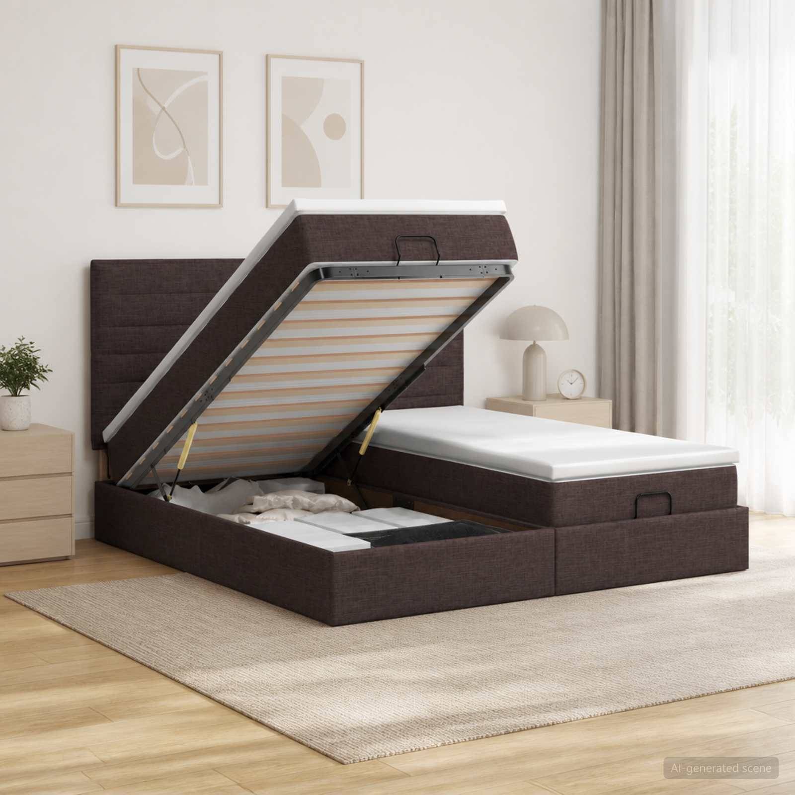Polsterbett mit angehobenem Lattenrost, das ein Staufach darunter freigibt, in einem hellen modernen Schlafzimmer.