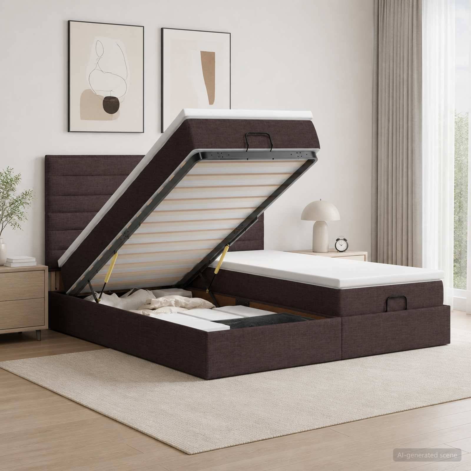 Schlafzimmer mit einem gepolsterten Plattformbett, das aufgeklappt ist und Stauraum unter dem Bett sowie Matratzenunterstützungsleisten zeigt.