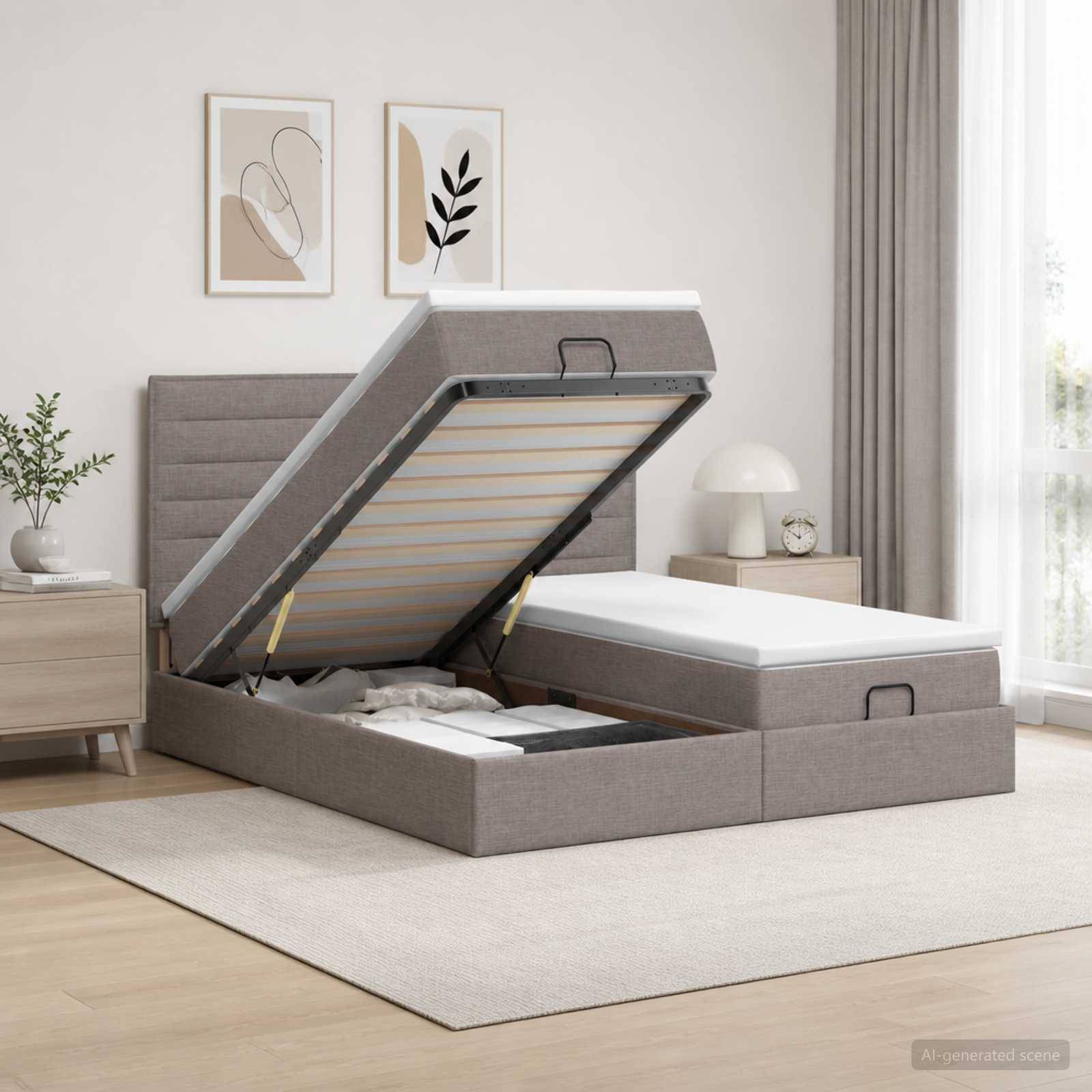 Grau gepolstertes Bett mit Hubmechanismus, das geöffnet ist und den Stauraum unter dem Bett in einem hellen, modernen Schlafzimmer mit Nachttischen, Lampe und Wandkunst zeigt.