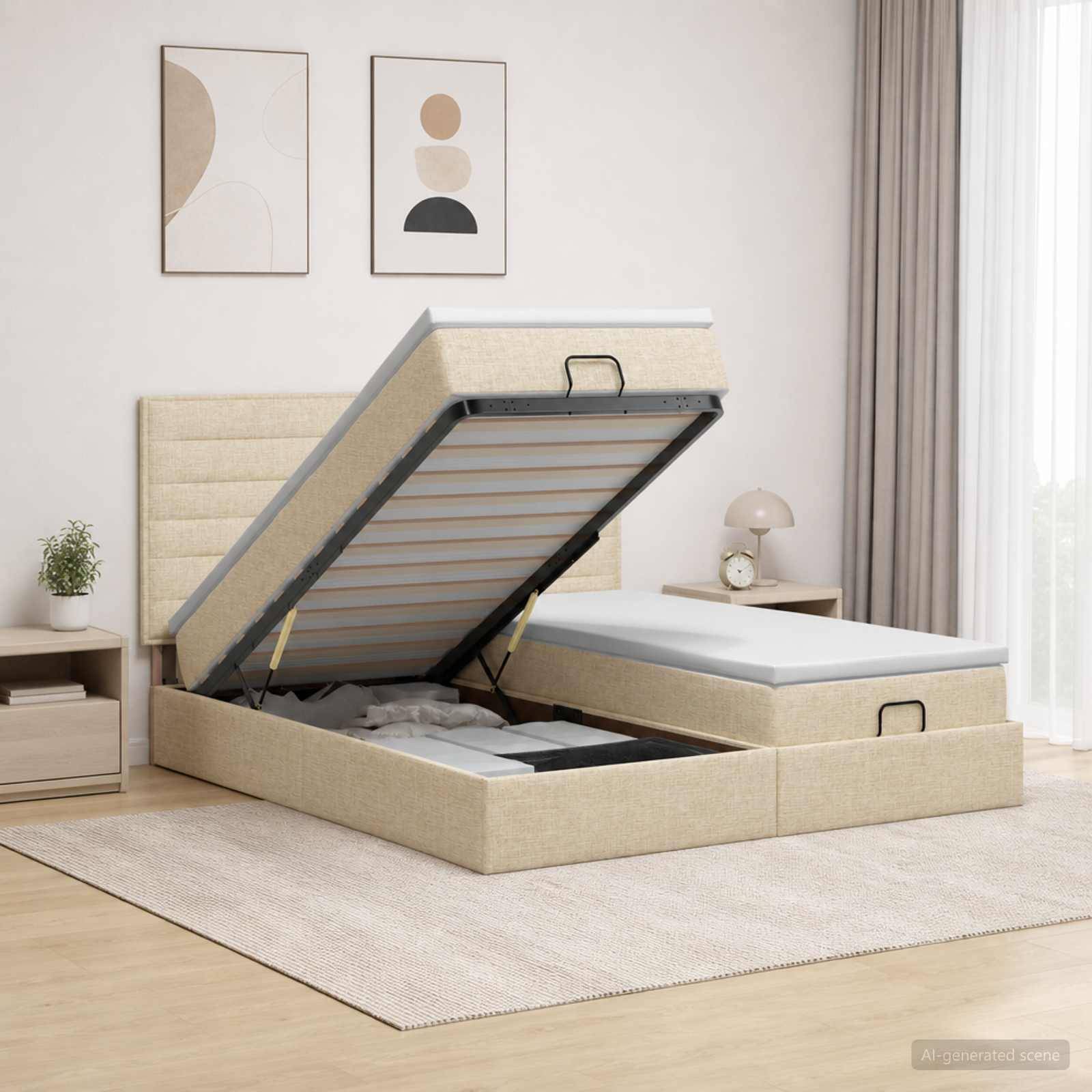 Gepolstertes Bett mit Speicher-Hubsockel geöffnet, wobei das unter dem Bett liegende Fach in einem hellen, minimalistischen Schlafzimmer sichtbar ist.