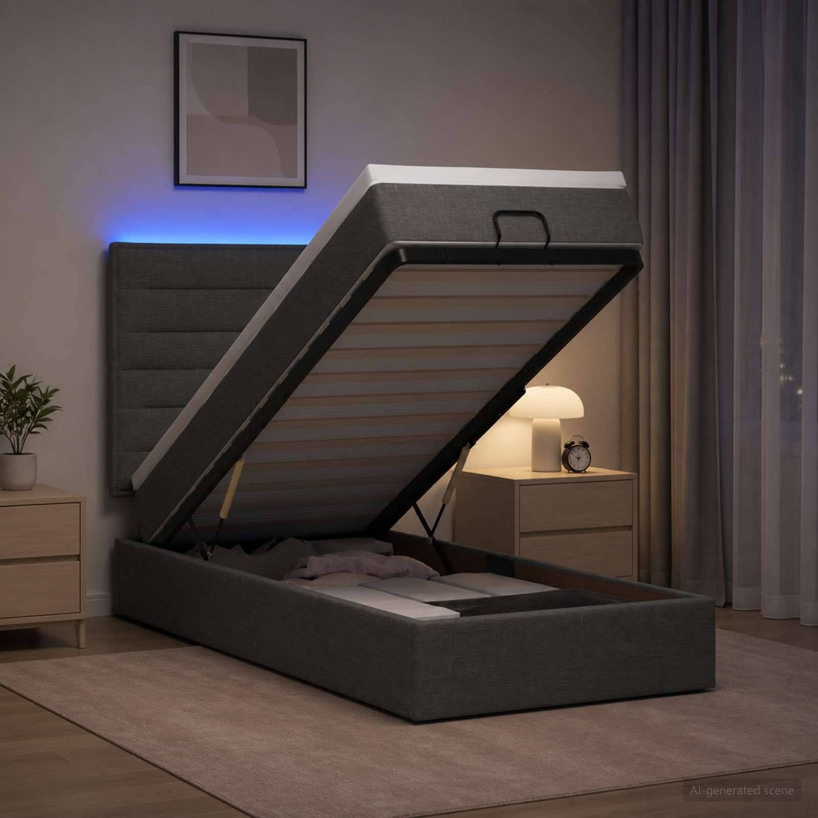Modernes Bett mit einer durch ein Aufbewahrungsscharnier gehobenen Matratze, die den Stauraum unter dem Bett in einem sanft beleuchteten Schlafzimmer mit Nachttisch, Lampe und Vorhängen offenbart.