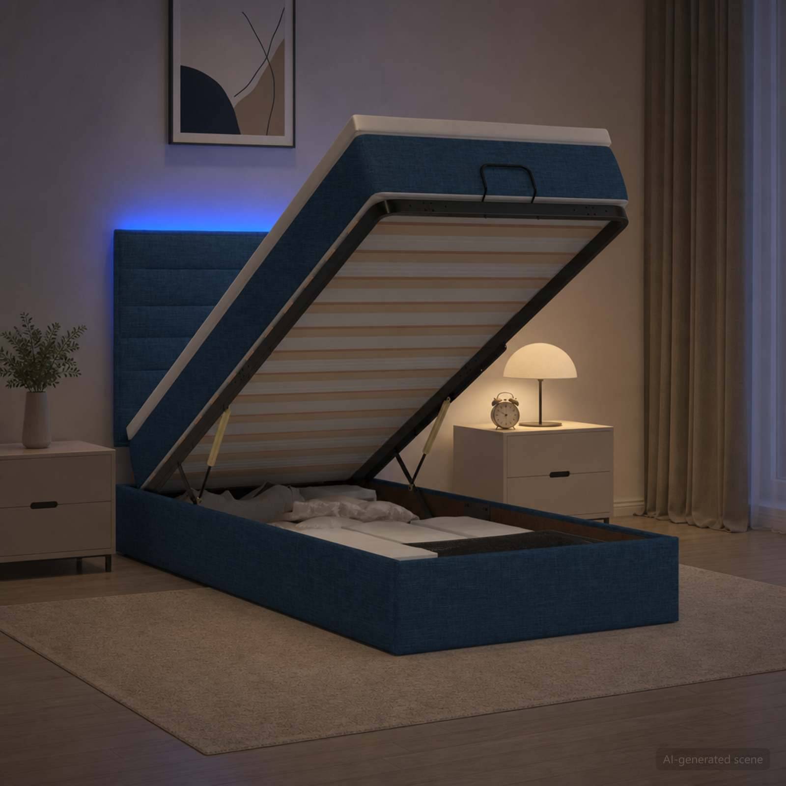 Blaugepolstertes Ottomanbett mit Matratzenaufbewahrung, das in einem modernen Schlafzimmer geöffnet ist und den Stauraum unter dem Bett und das Stützgestell zeigt.