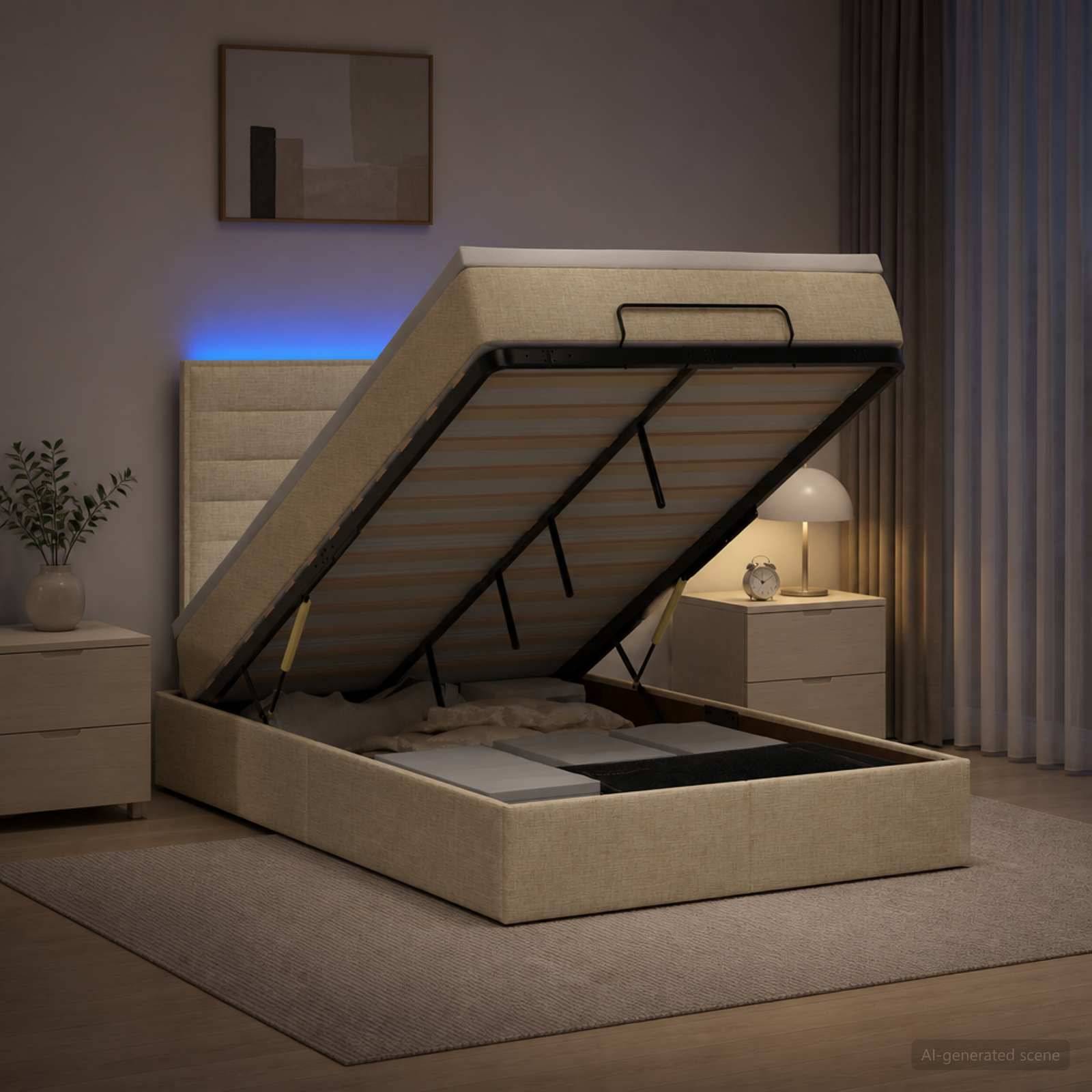 Polstertes Bett mit angehobenem Federkern auf einer Speicherbasis, das ein Unter-Bett-Fach in einem modernen Schlafzimmer zeigt.