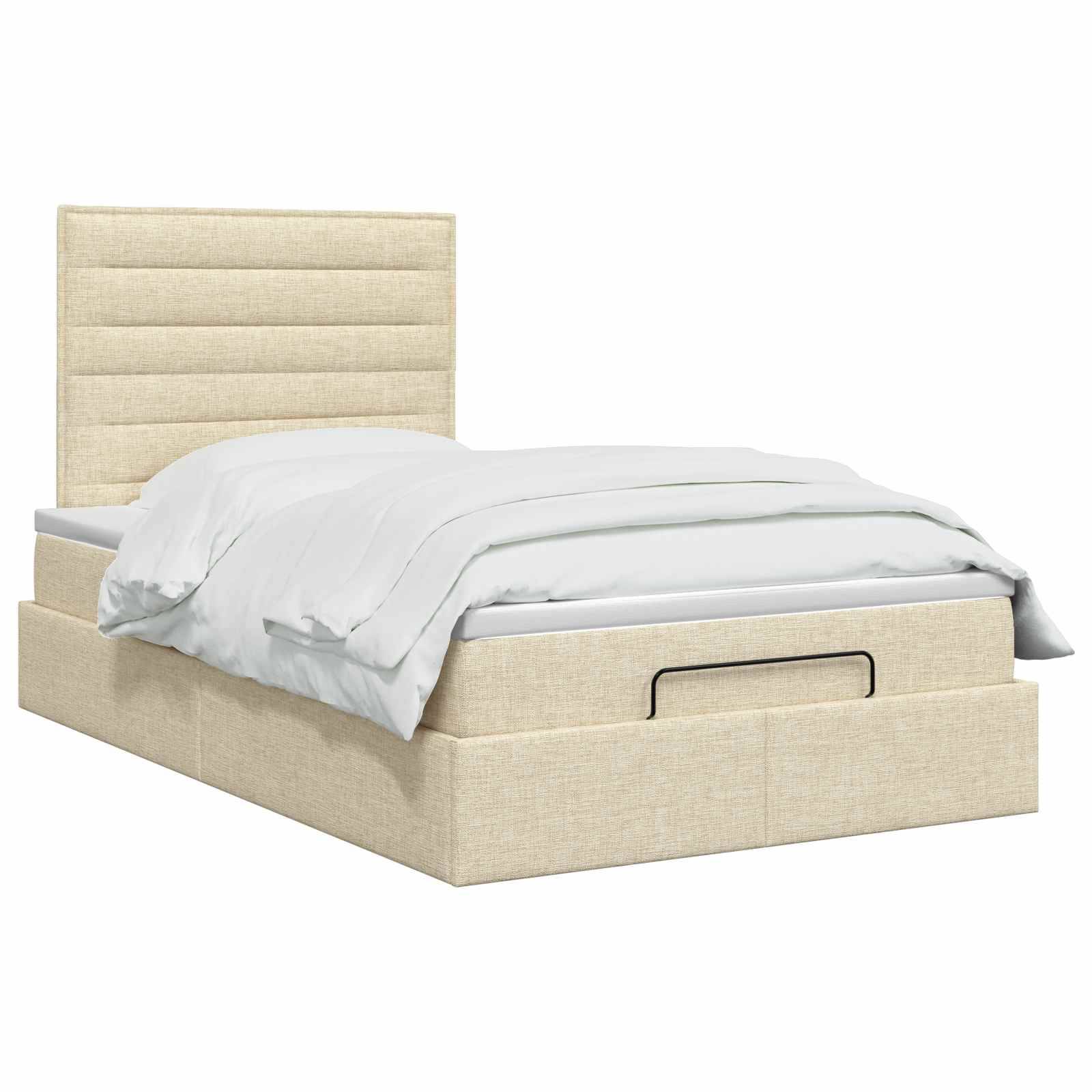 Beige gepolstertes Bett mit hochem gepolstertem Kopfteil, weiße Bettwäsche und eine Aufbewahrungsschublade unter der Matratze an der Vorderseite.