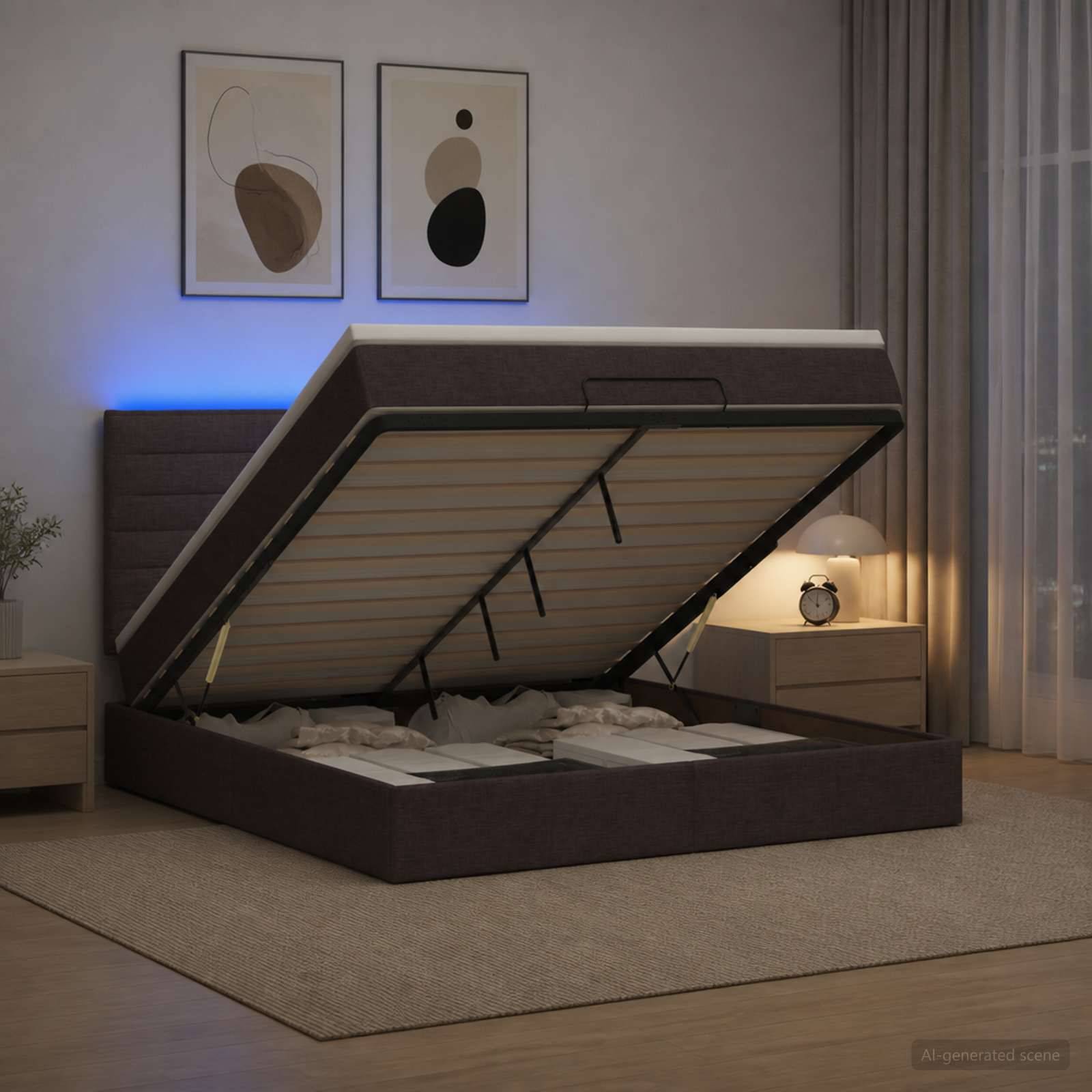 Modernes Bett mit gepolstertem Kopfteil und Hubbasis mit Stauraum, offen und die Matratzenunterstützung im Inneren eines inszenierten Schlafzimmers zeigend.