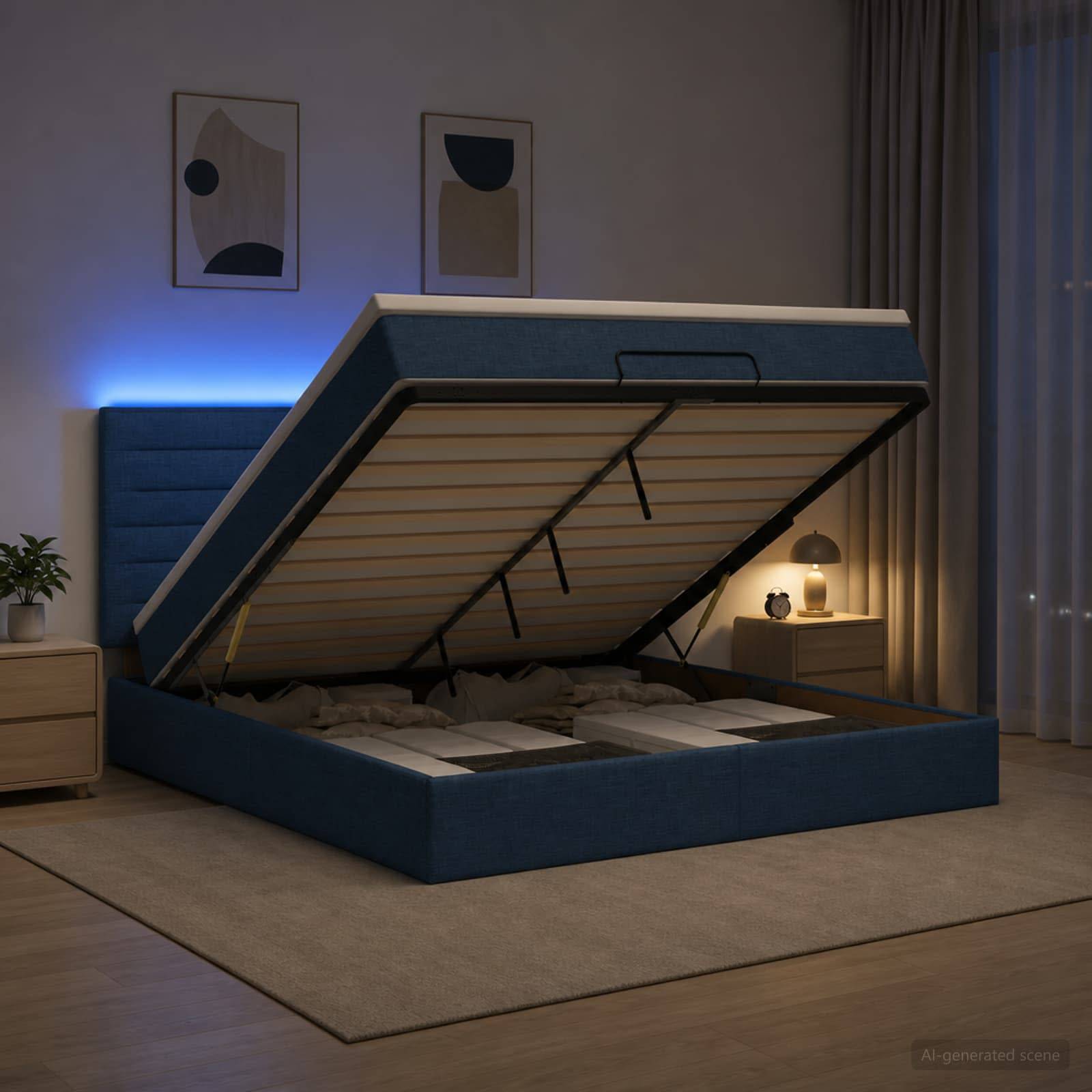 Blau gepolstertes Aufklappbett mit Stauraum in einem modernen Schlafzimmer, das das Unter-Bett-Fach und die Matratzenplattform zeigt.