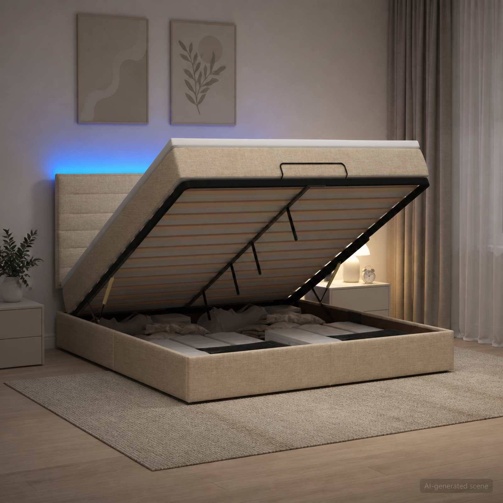 Beige gepolstertes Ottomane-Bett mit aufklappbarem Speichersockel, offen in einem modernen Schlafzimmer, zeigt den Matratzenunterstützungsrahmen und den Stauraum unter dem Bett.