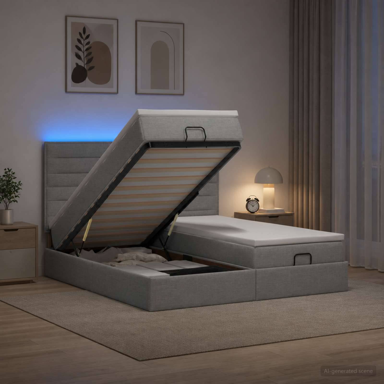 Verstellbares gepolstertes Bett mit erhöhtem Stauraumboden, hebbarer Matratzenplattform und einem passenden Bettschublade im Gästebettstil in einem modernen Schlafzimmer.