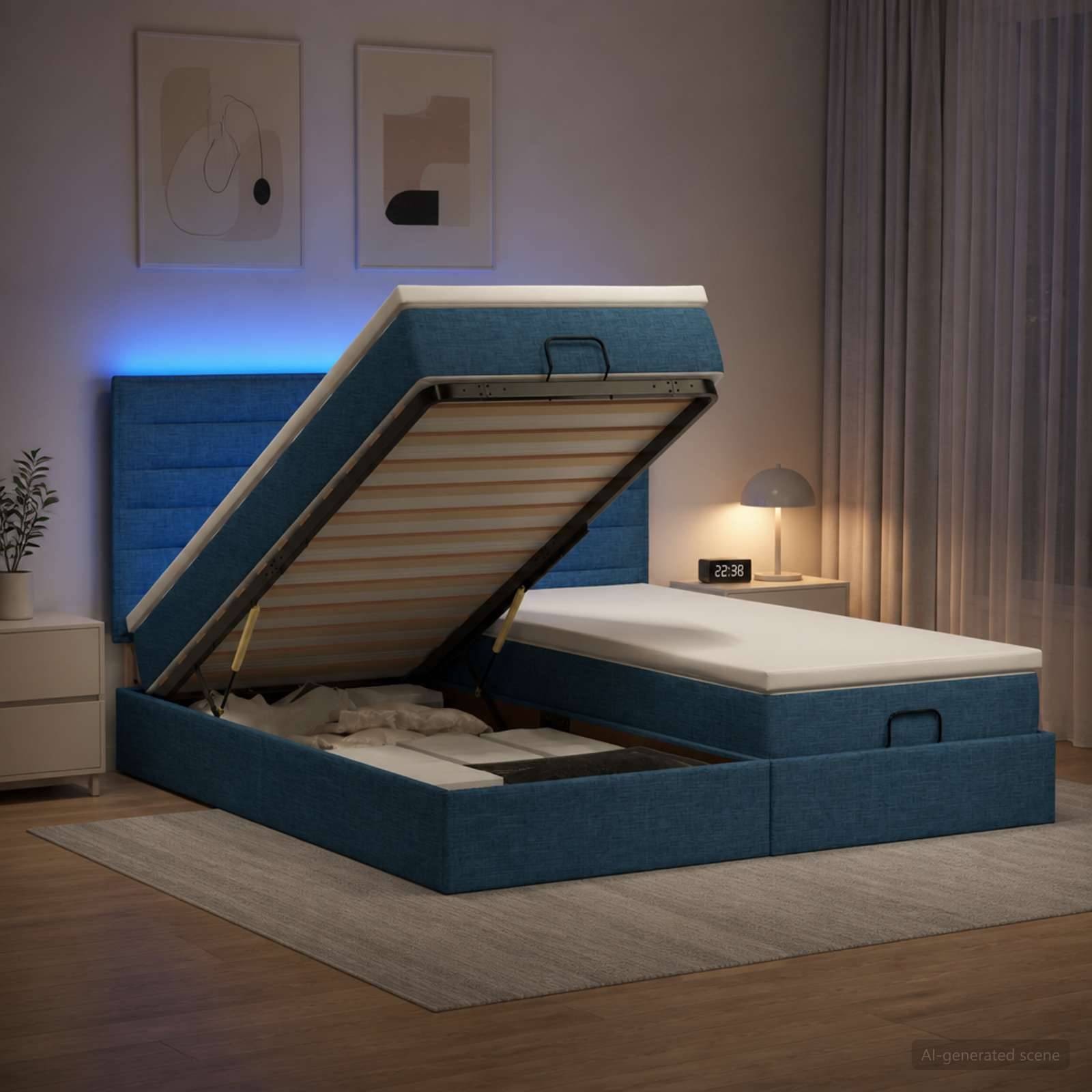 Blaues, gepolstertes Bett mit Stauraum und angehobener Matratze auf einer Scharnierbasis, das Stauraum unter dem Bett in einem modernen Schlafzimmer bei Nacht offenbart.